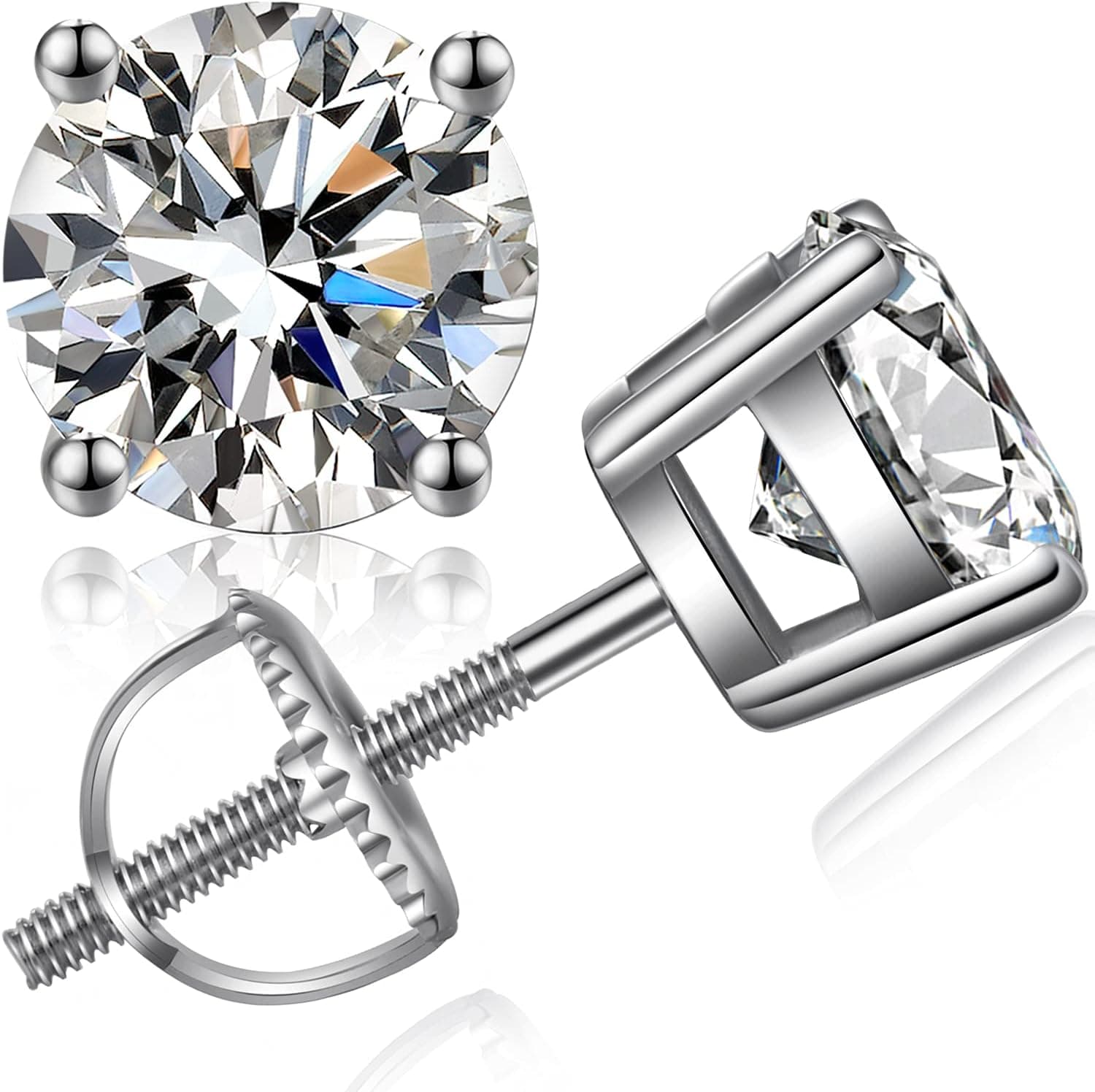 Boucles D'Oreilles 18K Plaqué Or Blanc Boucles d'Oreilles Zircone Cubique Argent Sterling 925,Taille 4mm-8mm avec Boîte Délicate