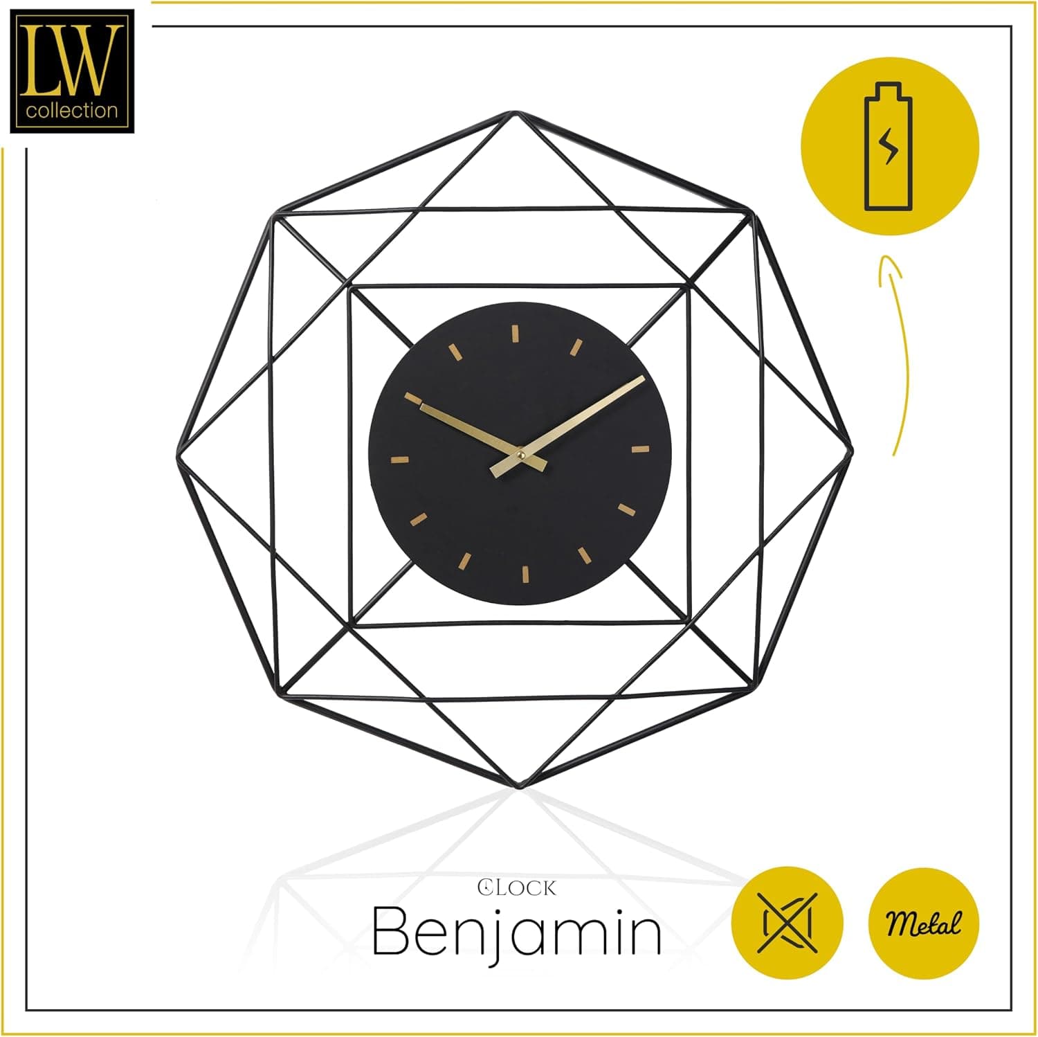 LW Collection Horloge Murale Benjamin Noir 60 cm - Grande Horloge Murale Industrielle en Métal - Horloge Murale Moderne - Mouvement Silencieux - Horloge Silencieuse
