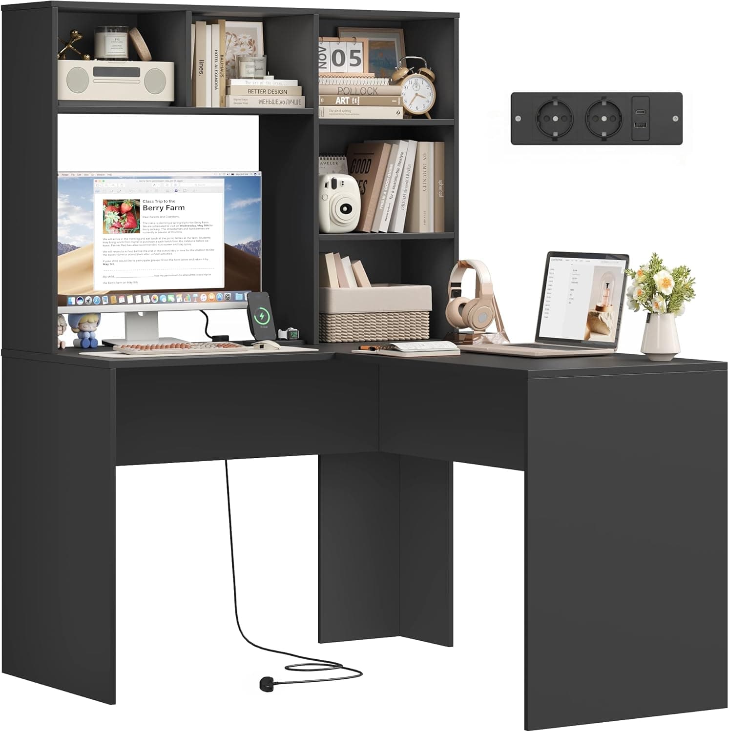 FirFurd Bureau avec Rangement avec Prises/Type-C/USB Bureau d'angle Noir