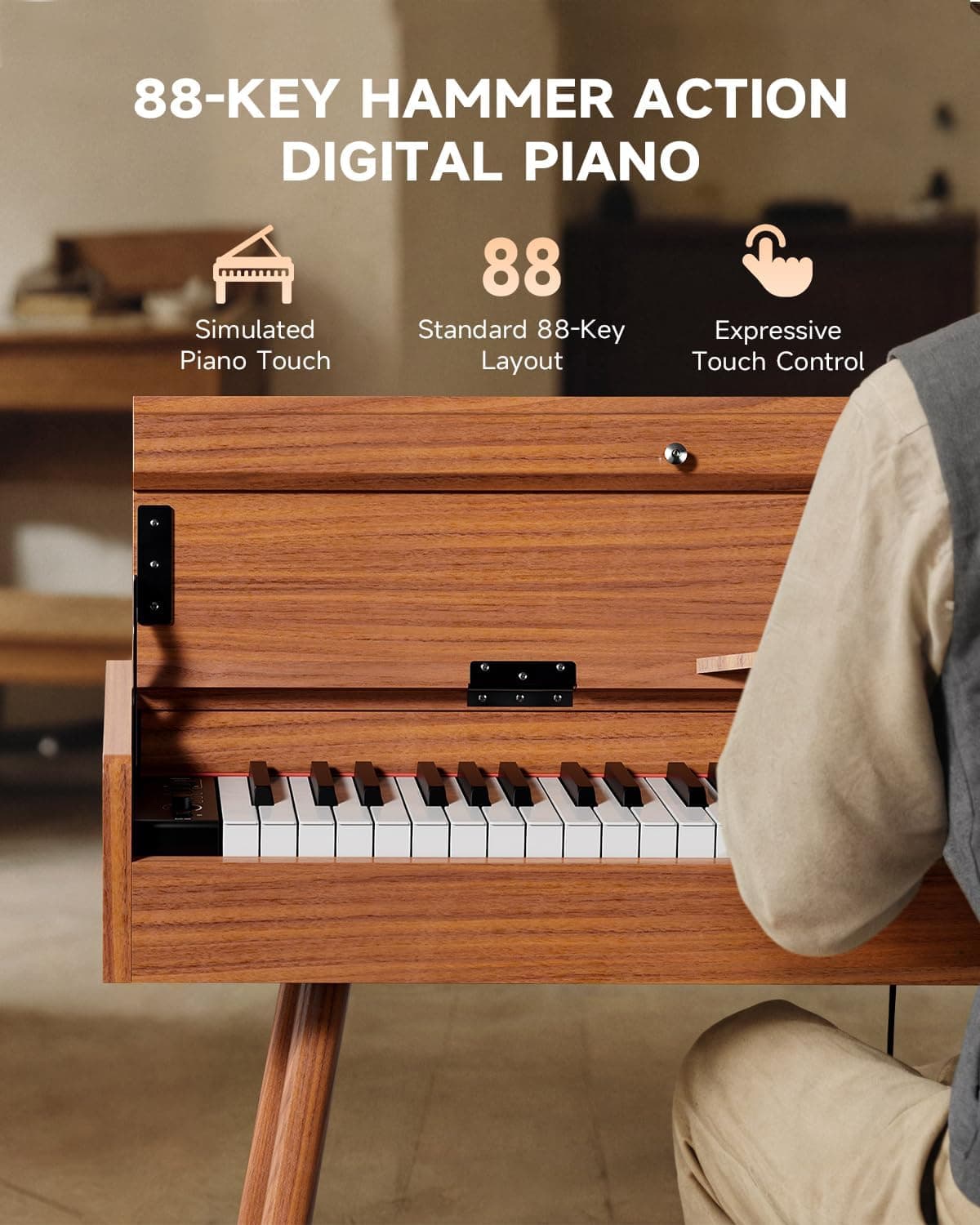 Eastar EUP-100 Piano Numérique 88 Touches, Piano à Clavier Lesté pour Débutant, avec Housse, Casque, Autocollants Musicaux, Triple Pédalier, Connexion Sans Fil, Enregistrement, MIDI - Bois Rétro
