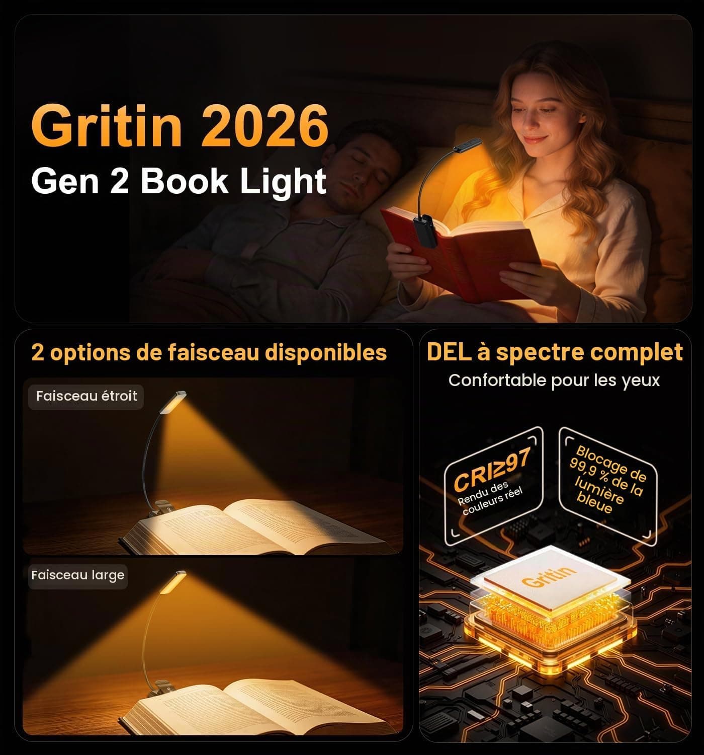 Gritin 2026 Gén.2 Lampe de Lecture, 30 LED Spectre Complet Liseuse Clip