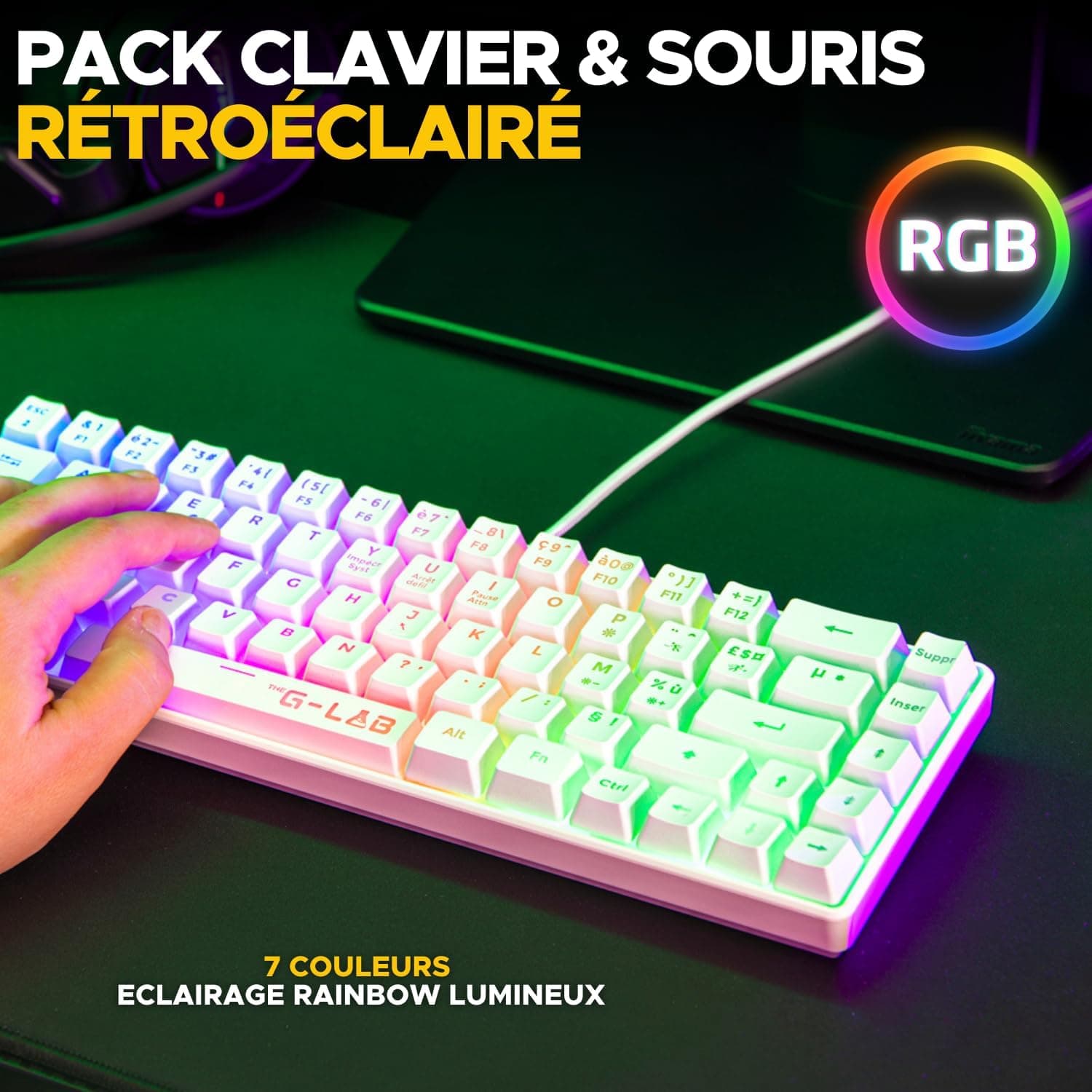 The G-Lab Combo Hydrogen - Pack Clavier Souris Gamer 60% RGB Blanc | Format 60%, Clavier Filaire, RGB, Souris 7 200 DPI, 6 Boutons, AZERTY FR