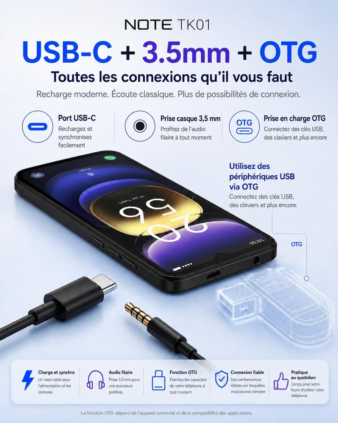 invens Note TK01 Téléphone Portable 4G débloqué, 7 Go RAM, 32 Go, HD+, Noir | Écran 6,5 pouces, batterie amovible 4250 mAh, double SIM, Face ID, caméra 16 MP, USB-C, jack 3,5 mm et extension TF à 256 Go.