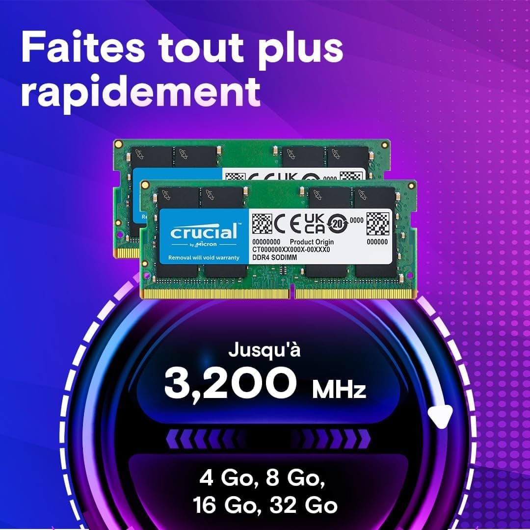 Crucial RAM DDR4 32Go Kit (2x16Go) 3200MHz SODIMM CL22, Mémoire pour Ordinateur Portable, Mini PC (ou 2933MHz / 2666MHz) - CT2K16G4SFRA32A