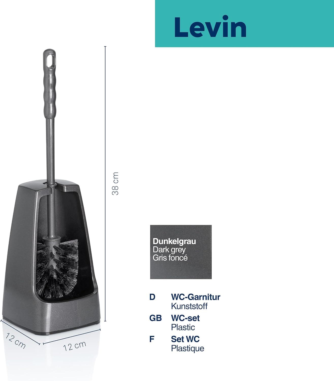 kela Brosse à WC avec réservoir Semi-Ouvert, 38 cm, Brosse pour Toilettes, Ensemble Brosse WC Levin, Gris foncé