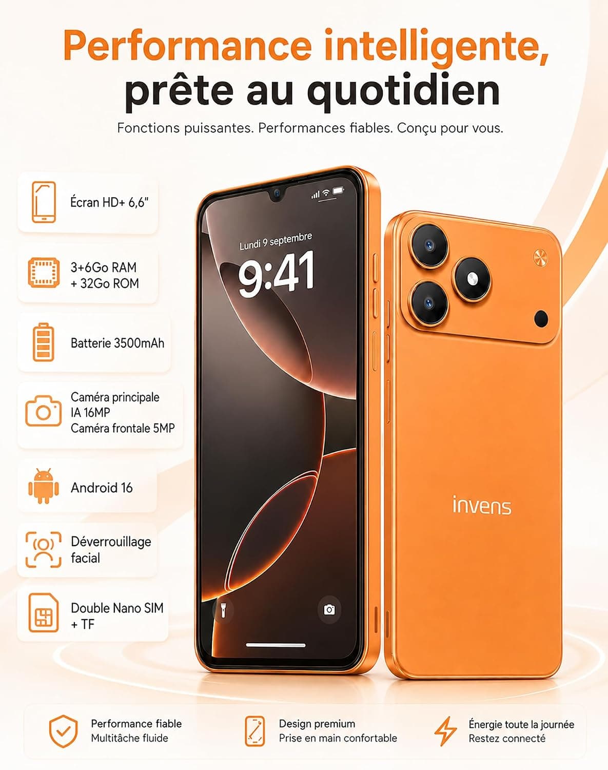 invens Note 15P Téléphone Portable 4G Débloqué, Smartphone Android 16 Go, 9 Go (3+6)+32 Go/256 Go TF, Caméra 16+5 MP, Écran 6,6" HD+, Batterie 3500 mAh, Double SIM, GPS, OTG, USB-C, Face ID, Noir Mat