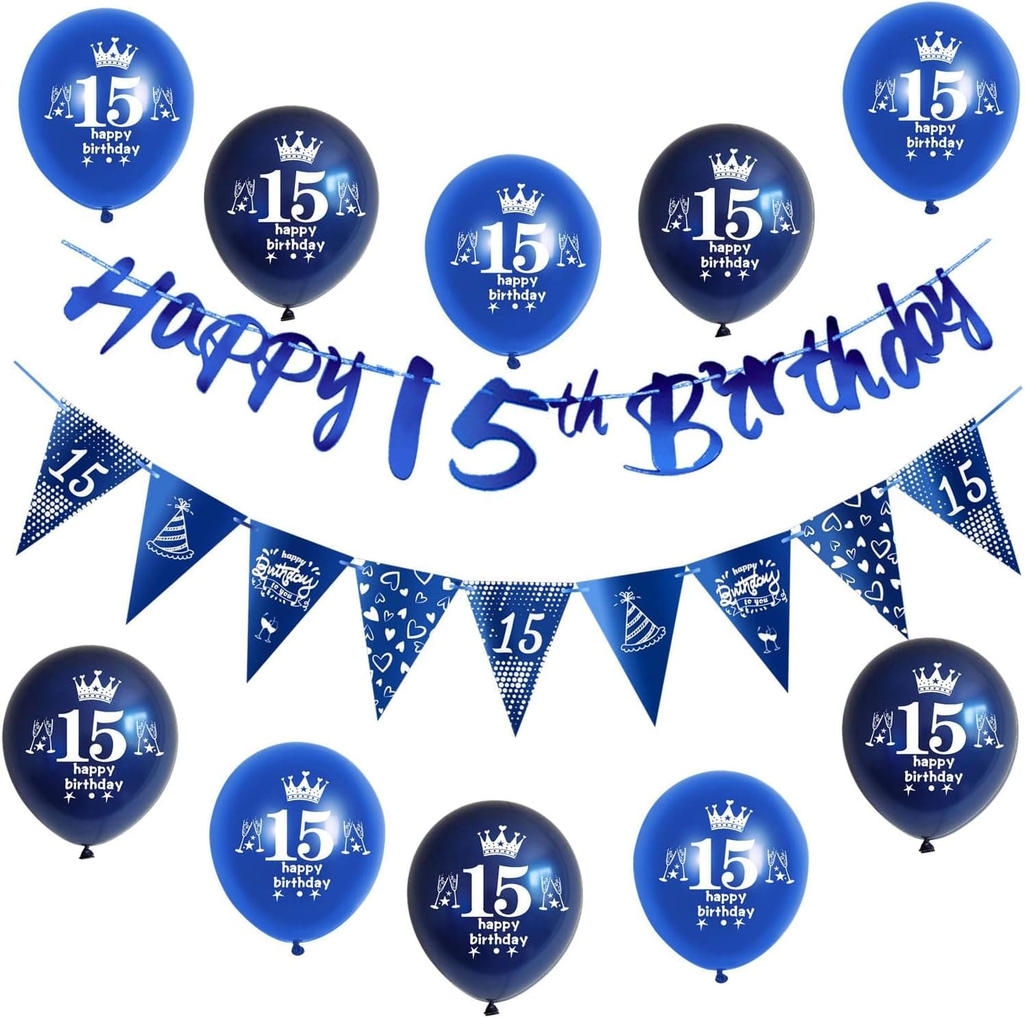 Bleu guirlande Happy 15th Birthday bannière + 15 ans anniversaire drapeaux triangulaires + 15 pcs 15 ans anniversaire ballons 15 ans anniversaire garcon décoration anniversaire 15 ans garcon Bleu