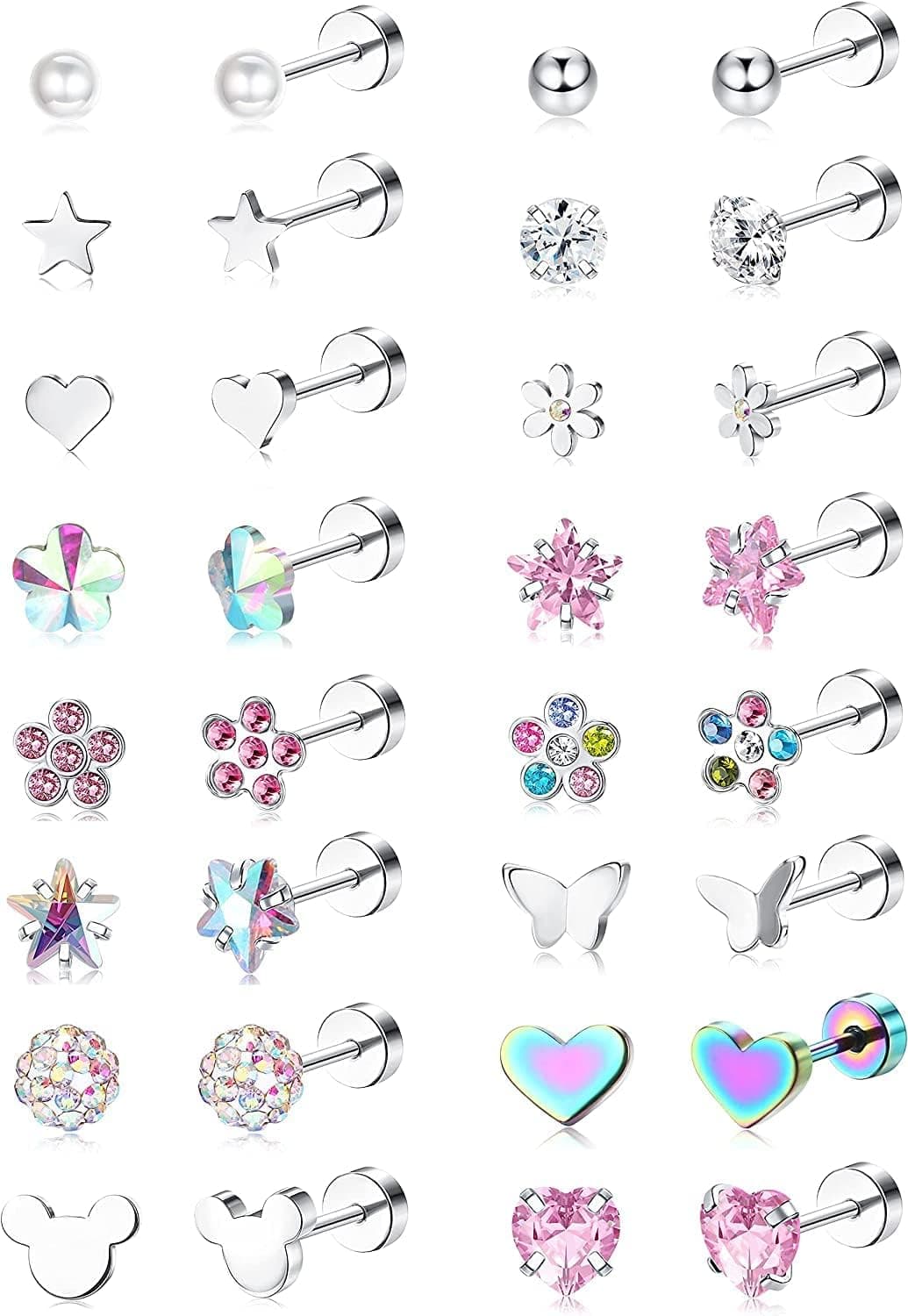 Diamday 16 Paires Boucles d'Oreilles à Vis pour Filles Femmes Acier Inoxydable Petit Cartilage Boucles d'Oreilles CZ Cœur Fleur Étoile Vis Dos Plat Boucles d'Oreilles Tragus Helix Bijoux Multicolore