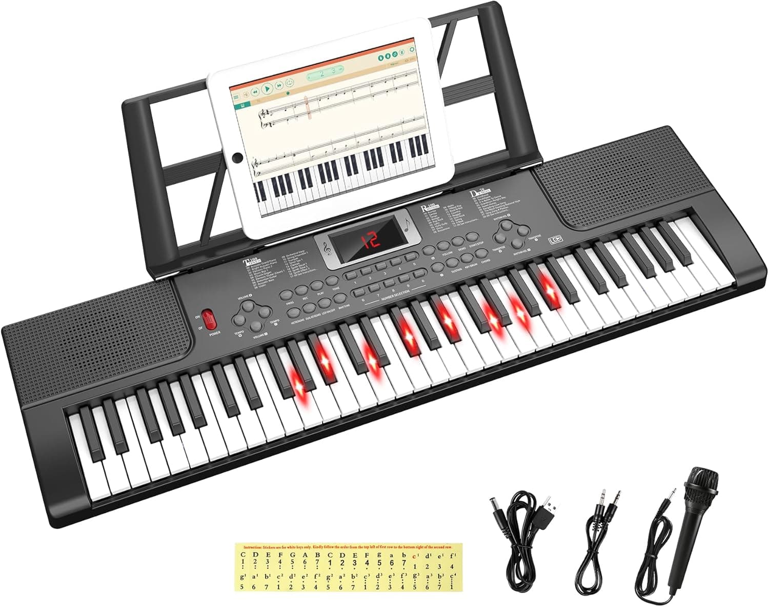 Enfants Piano Clavier 61 Touches Électronique Piano avec Touches Lumineuses | Clavier Musique de Jouets avec Micro, Double Haut-Parleur intégré, Modes d'apprentissage, Pupitre, Piano de 3 4 5 6 7 8 Ans