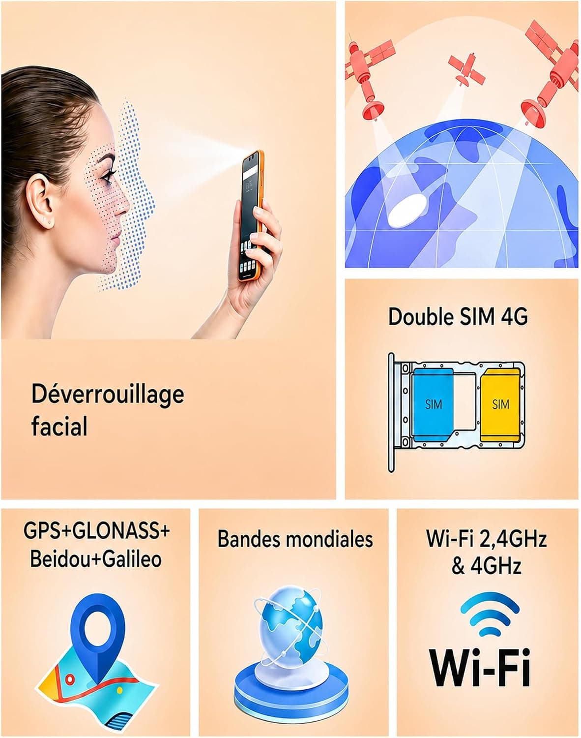 invens Note 15P Téléphone Portable 4G Débloqué, Smartphone Android 16 Go, 9 Go (3+6)+32 Go/256 Go TF, Caméra 16+5 MP, Écran 6,6" HD+, Batterie 3500 mAh, Double SIM, GPS, OTG, USB-C, Face ID, Noir Mat