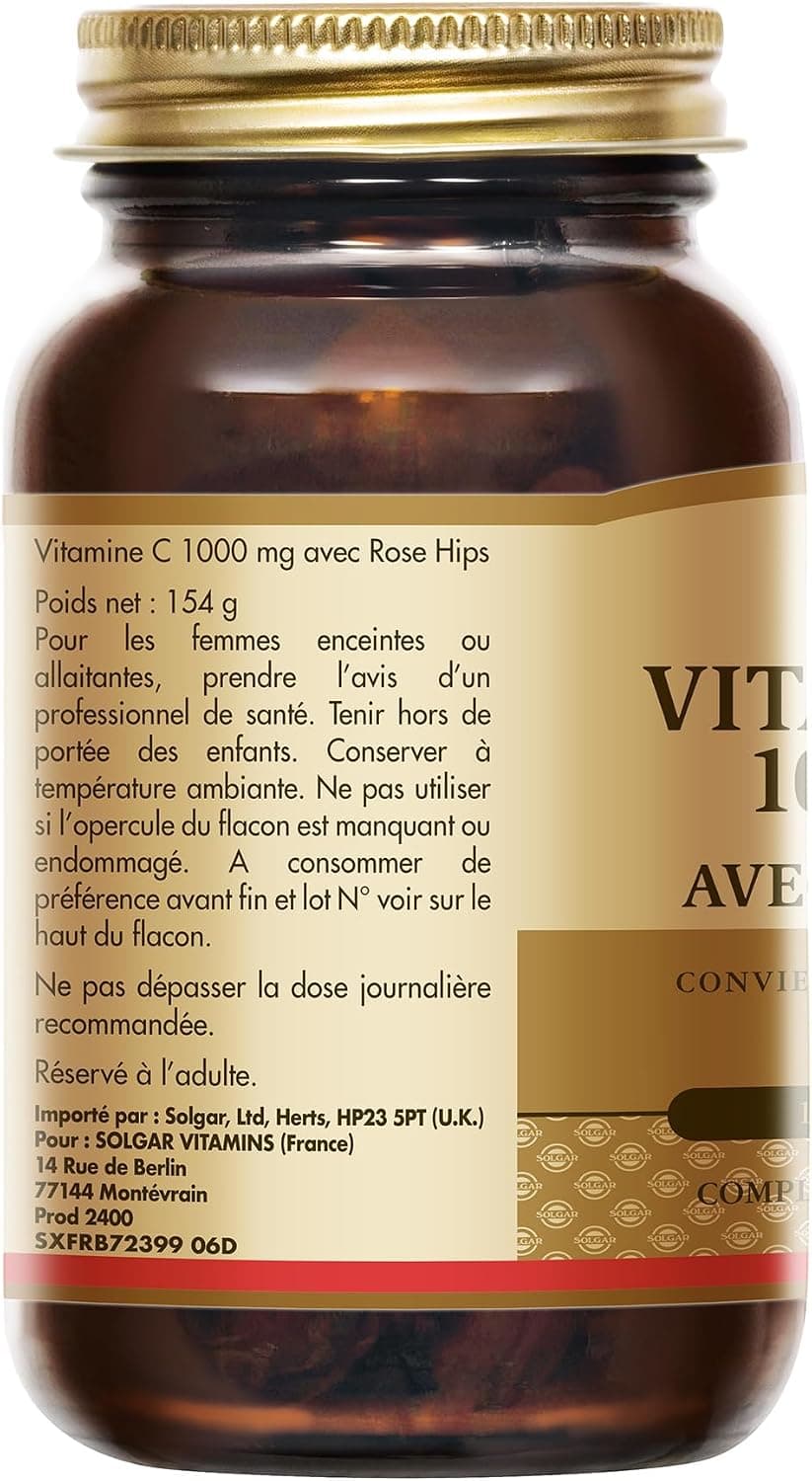 Solgar Vitamine C 1000 mg avec Rose Hips - Défenses naturelles - Système immunitaire - Vitalité et énergie - Immunité - Complément Alimentaire - Flacon de 100 comprimés