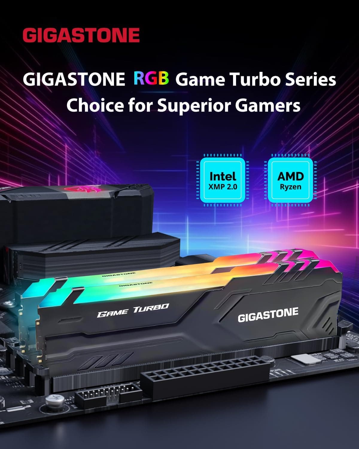【RGB DDR4 RAM】 GIGASTONE Game Turbo 32Go Kit(2x16Go) DDR4 3200MHz PC4-25600 CL16-18-18-40 Intel XMP 2.0 AMD Ryzen 1.35V UDIMM 288pin UnbuffeRouge Non ECC Mémoire Haute Performance pour PC Bureau-Noir