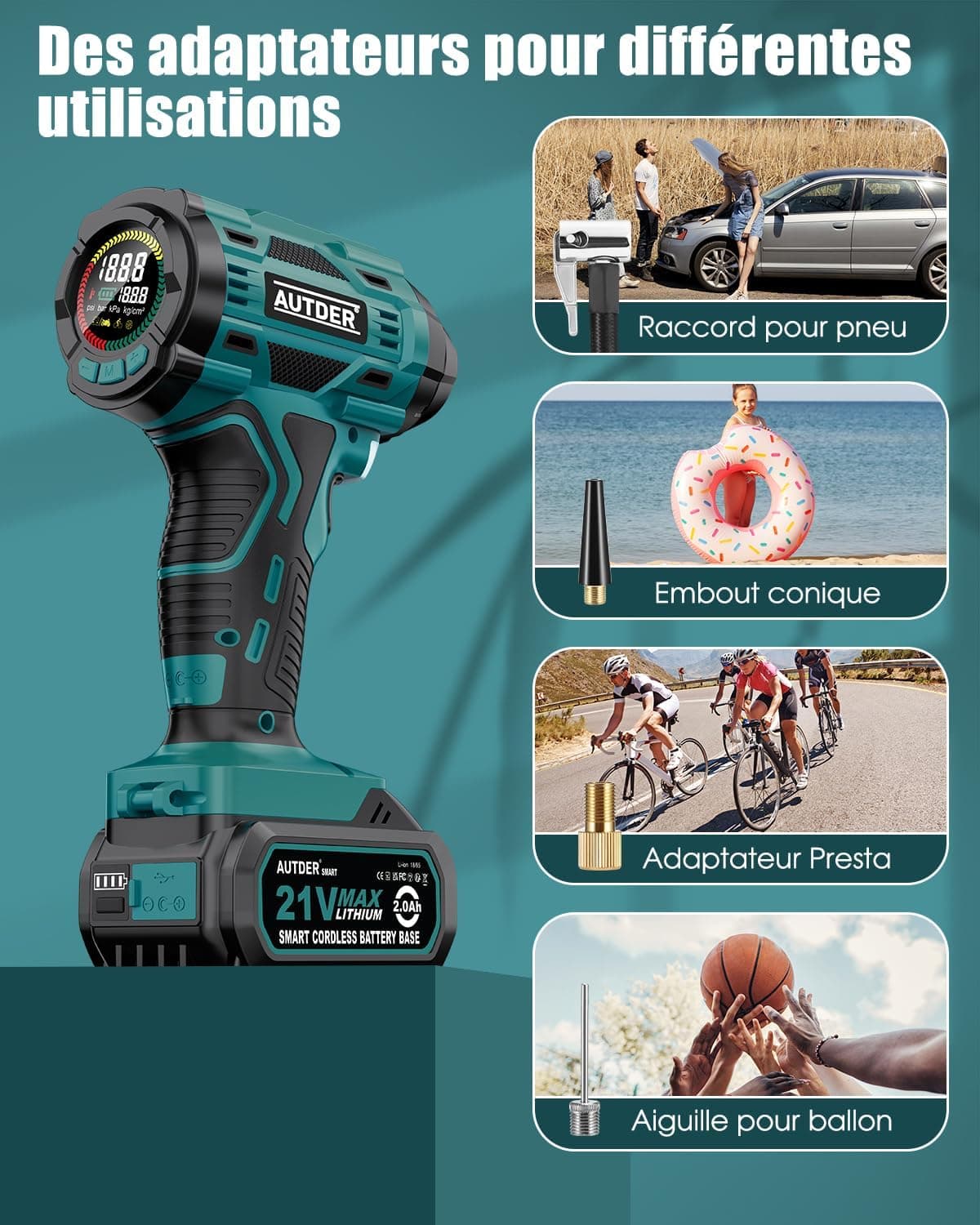 AUTDER Gonfleur Pneus 180 PSI Sans Fil avec Arrêt Automatique