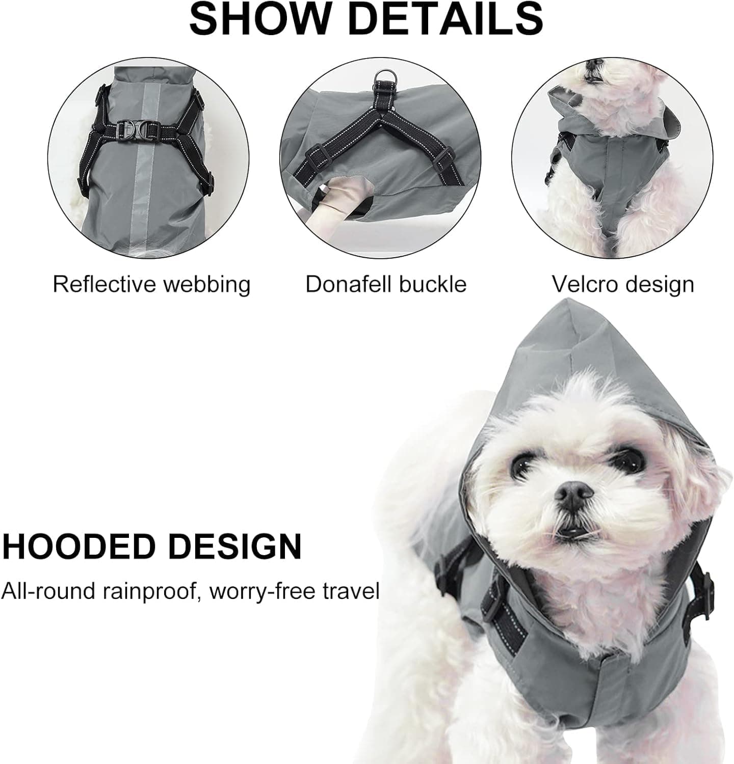 PETCUTE Manteau avec Harnais, avec Capuchon, 100% étanche, Coupe-Vent, avec Bandes Réfléchissantes, Respirant