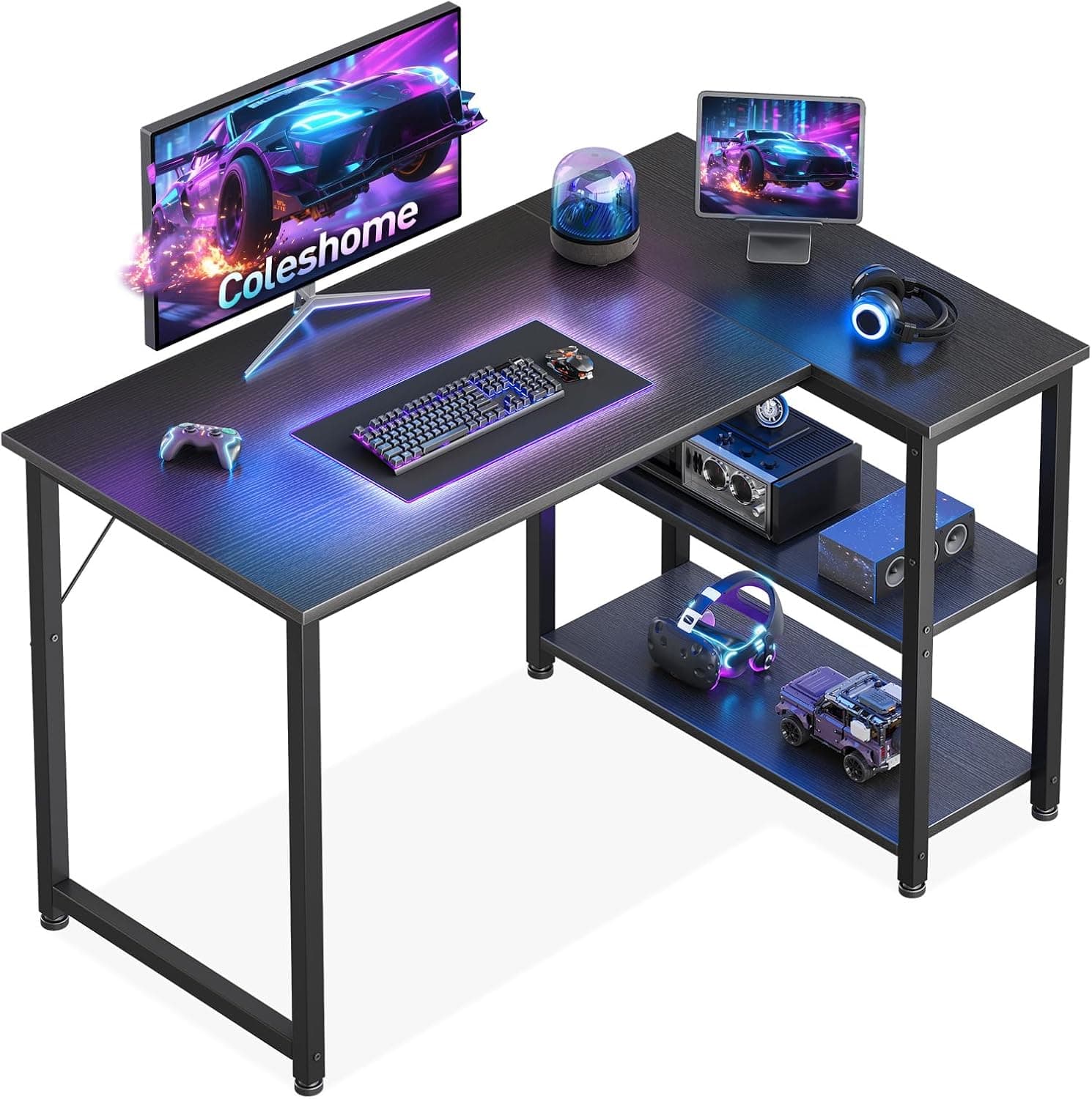 Coleshome Bureau Gaming,Bureau d'angle avec Étagère, 100 x 70 cm, Noir