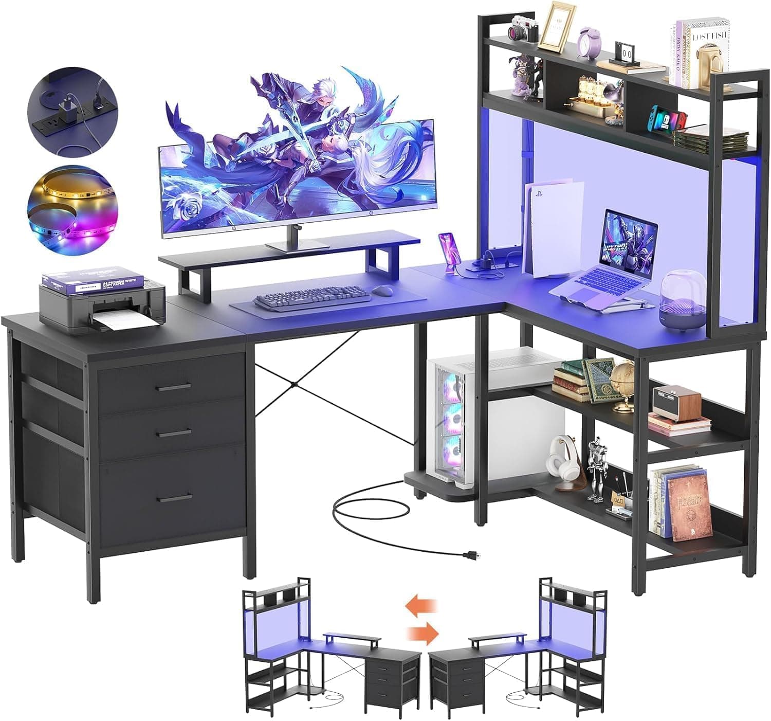 iSunirm Bureau en L avec clapier, Bureau Gaming avec éclairage LED, Bureau d'ordinateur réversible avec Prise de Courant, Bureau d'angle avec tiroir classeur et Support d'écran, Noir