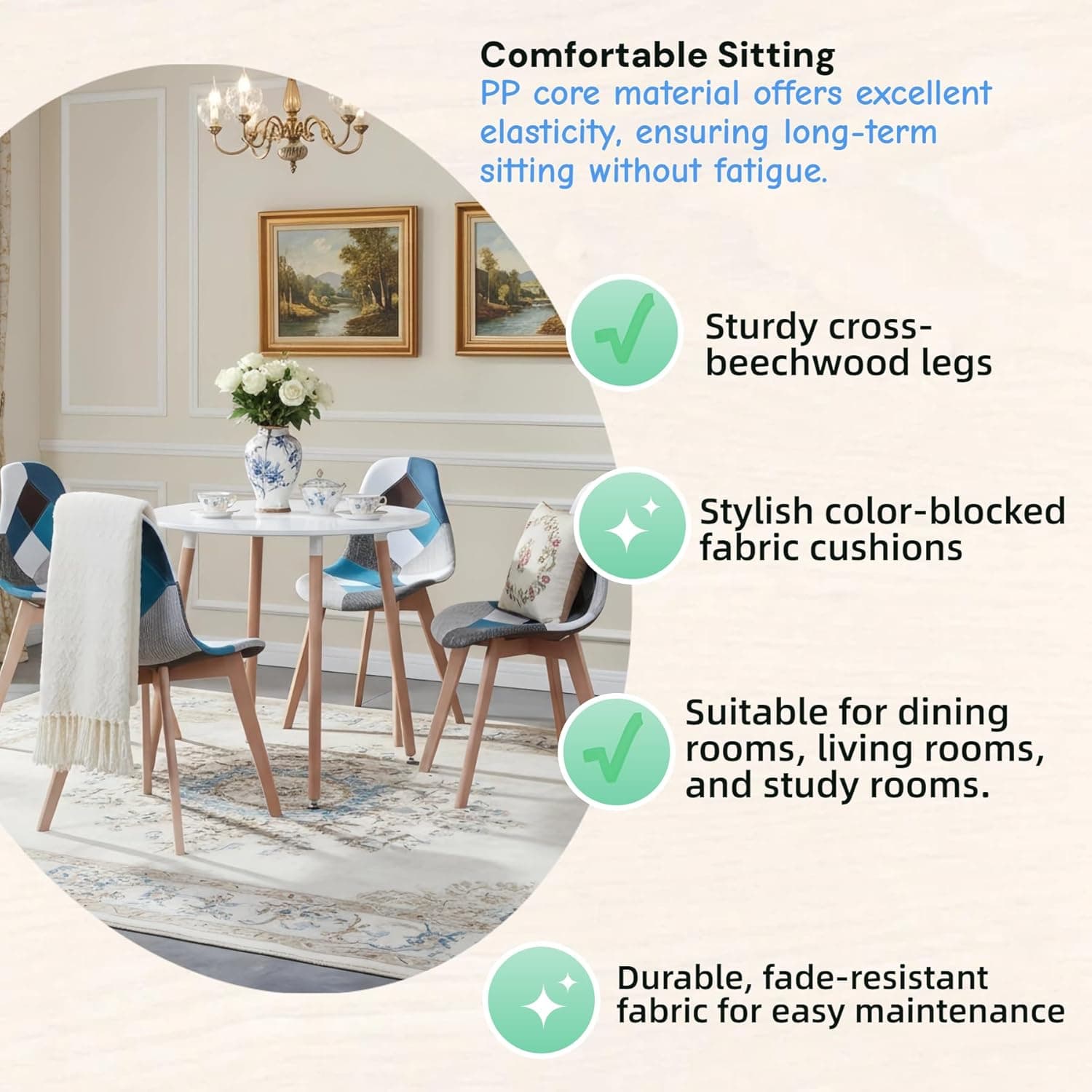 Lot de 4 chaises de Salle à Manger, Fauteuil scandinave Patchwork rembourré pour Cuisine et Bureau, Coussin de siège en Coton et Lin, Pieds croisés en hêtre (Bleu, 4)