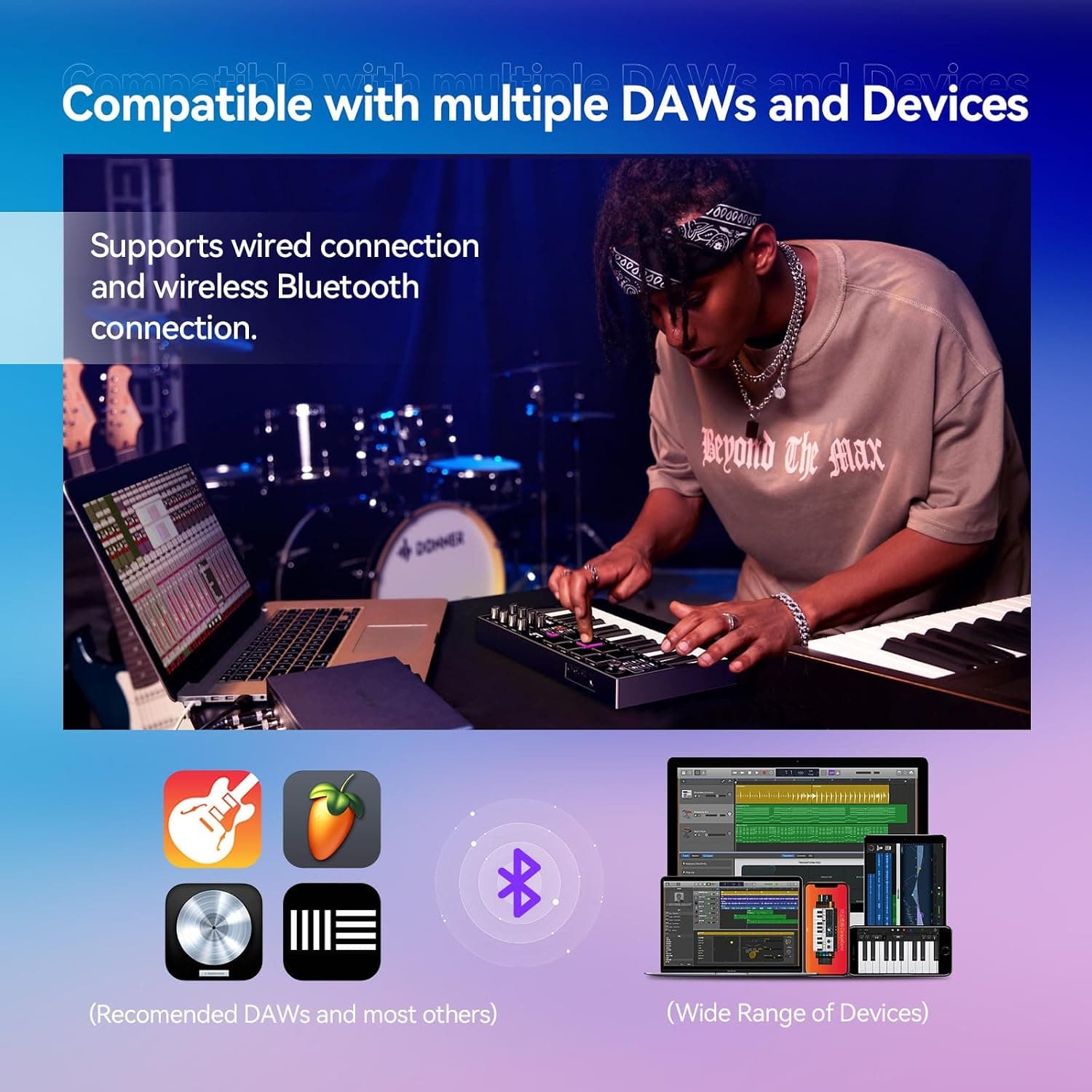 TERENCE Clavier MIDI de 25 Touches Professionnel MIDI Keyboard Contrôleur 500 mAh 8 Pads RGB Bouton Rotatif à 360° Sans Fin 8 Boutons Assignables Écran OLED Compatible avec Plusieurs DAW et Appareils