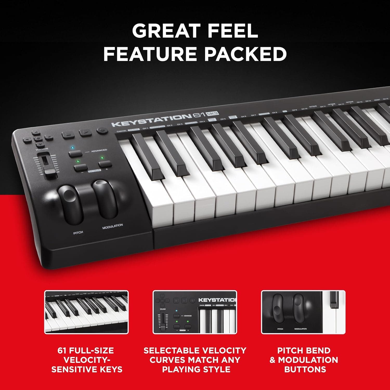 M-AUDIO Keystation 61 MK3 Controleur USB MIDI | Clavier 61 Touches Synth-Action, Commandes Assignables, Molettes Pitch/Mod et Logiciel DAW Inclus