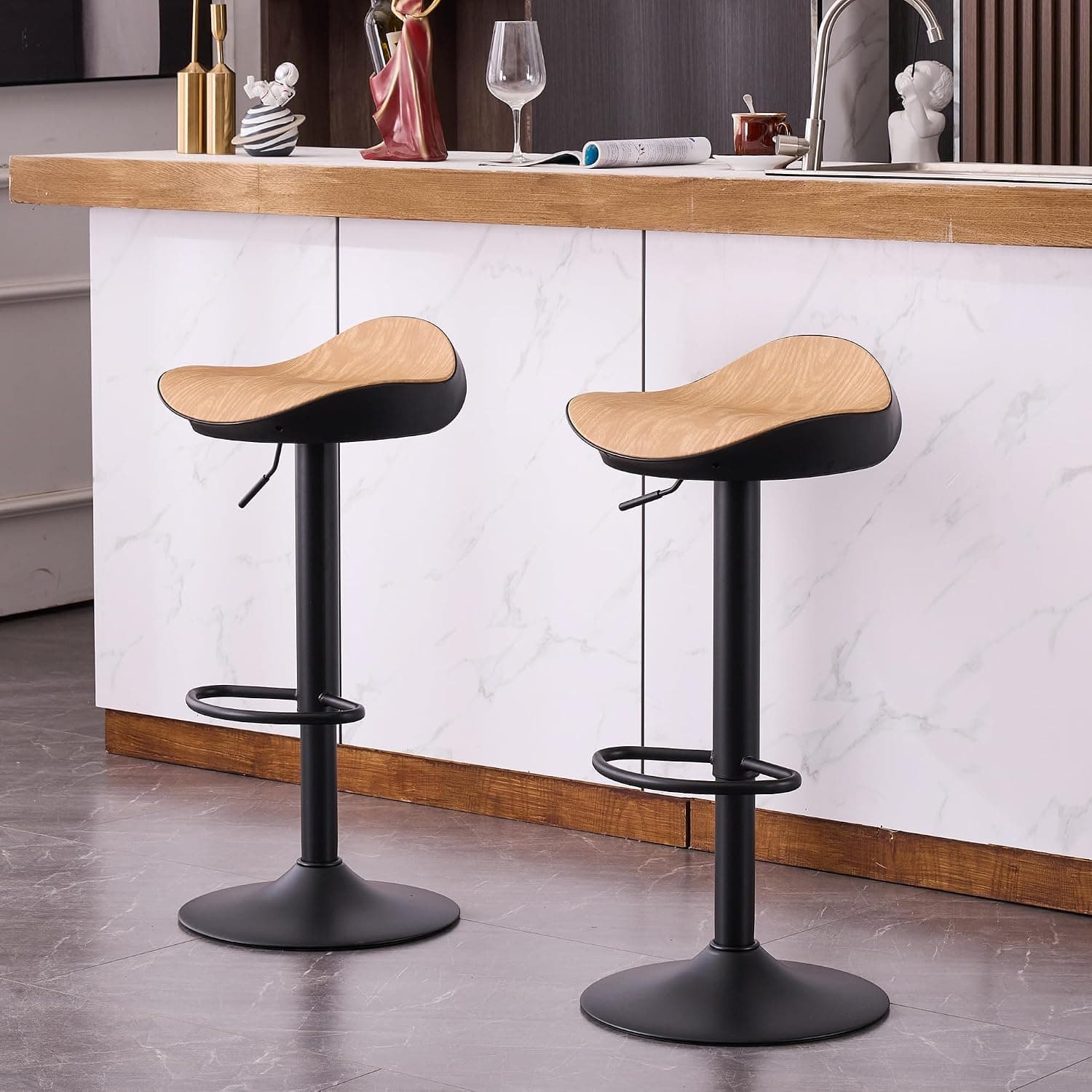 YOUNIKE Tabouret de Bar Lot de 2 Chaise Haute de Bar, Hauteur Réglable et Pivotant 360° Tabouret Design Siège de Selle, Tabouret pour Bar Cuisine et Comptoir, Noir