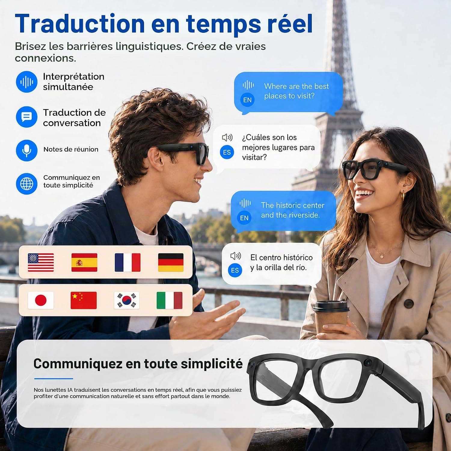 Lunettes Connectées IA Caméra 8MP Traduction en Temps Réel Assistant Vocal