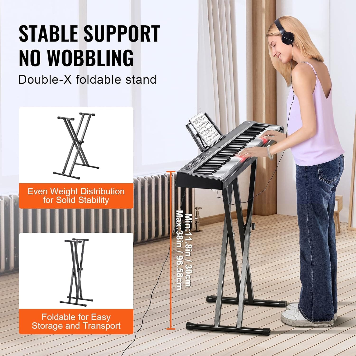 VEVOR Clavier Piano Numérique, 88 Touches Semi-lestées, Ensemble Piano à Clavier Électrique avec Support Réglable, Haut-parleurs Intégrés, Pédale de Sustain, Casque, Bluetooth MIDI USB, pour Débutants