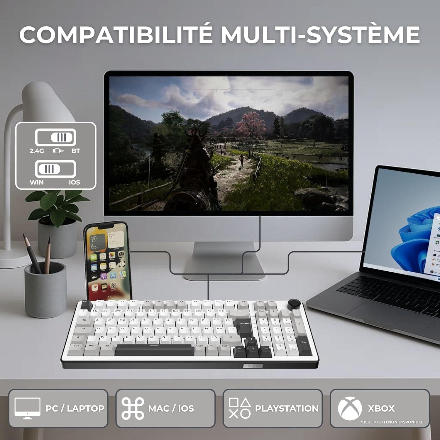 The G-Lab Keyz Elite 400 WG - Clavier Gamer sans Fil Mécanique AZERTY FR | Sans Fil Tri Mode 2.4GHz/Bluetooth/Filaire, Switch Mécanique Hot Swap Pré-lubrifiés, Gasket 5 Couches, RGB