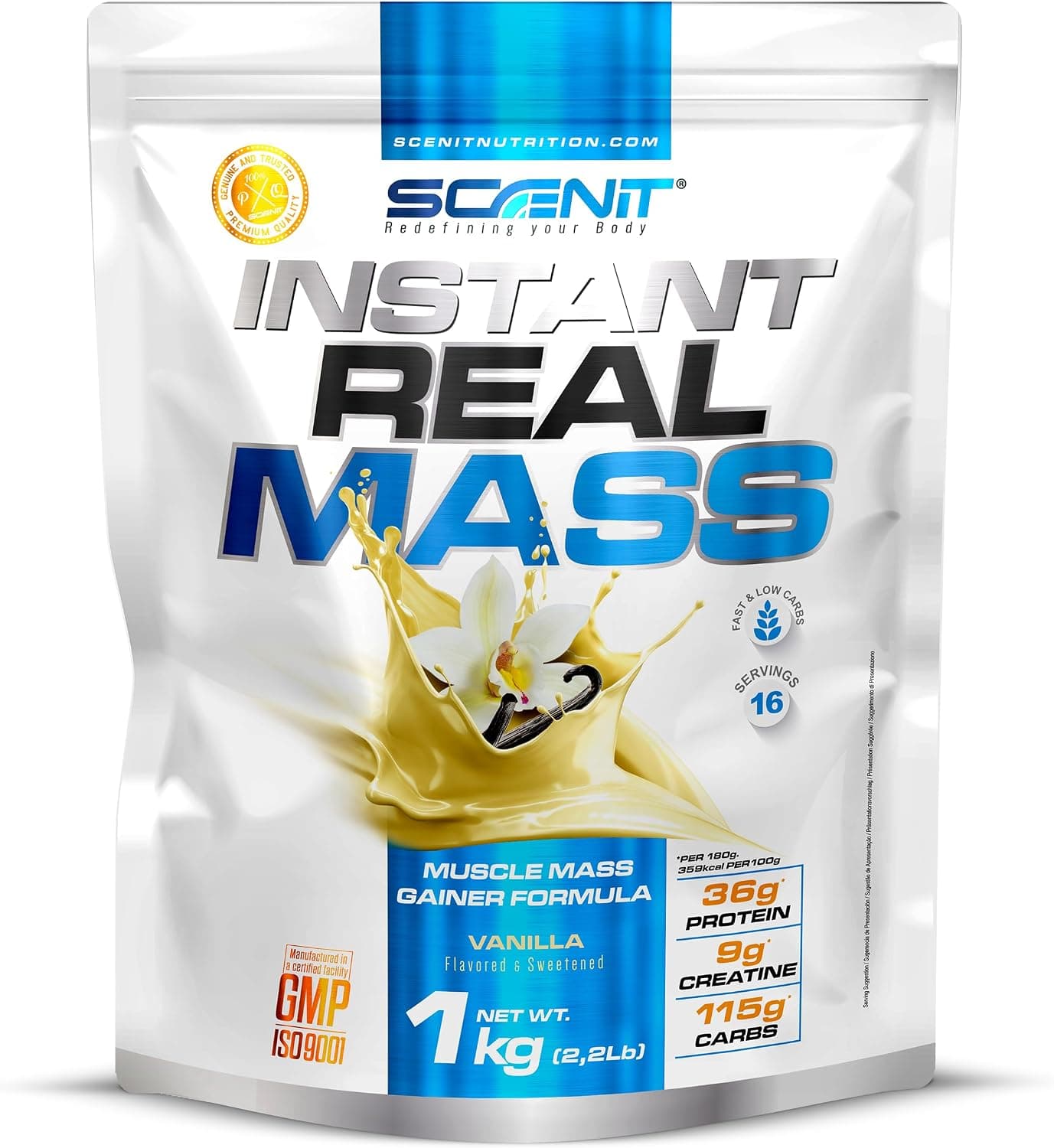 Instant Real Mass - 1 kg - Gainer Prise de Masse - Gainer Mass - Proteine mass gainer - Mass Gainer - Weight Gainer - Proteine Gainer - Gainer avec Creatine (1 kg, Vanille)