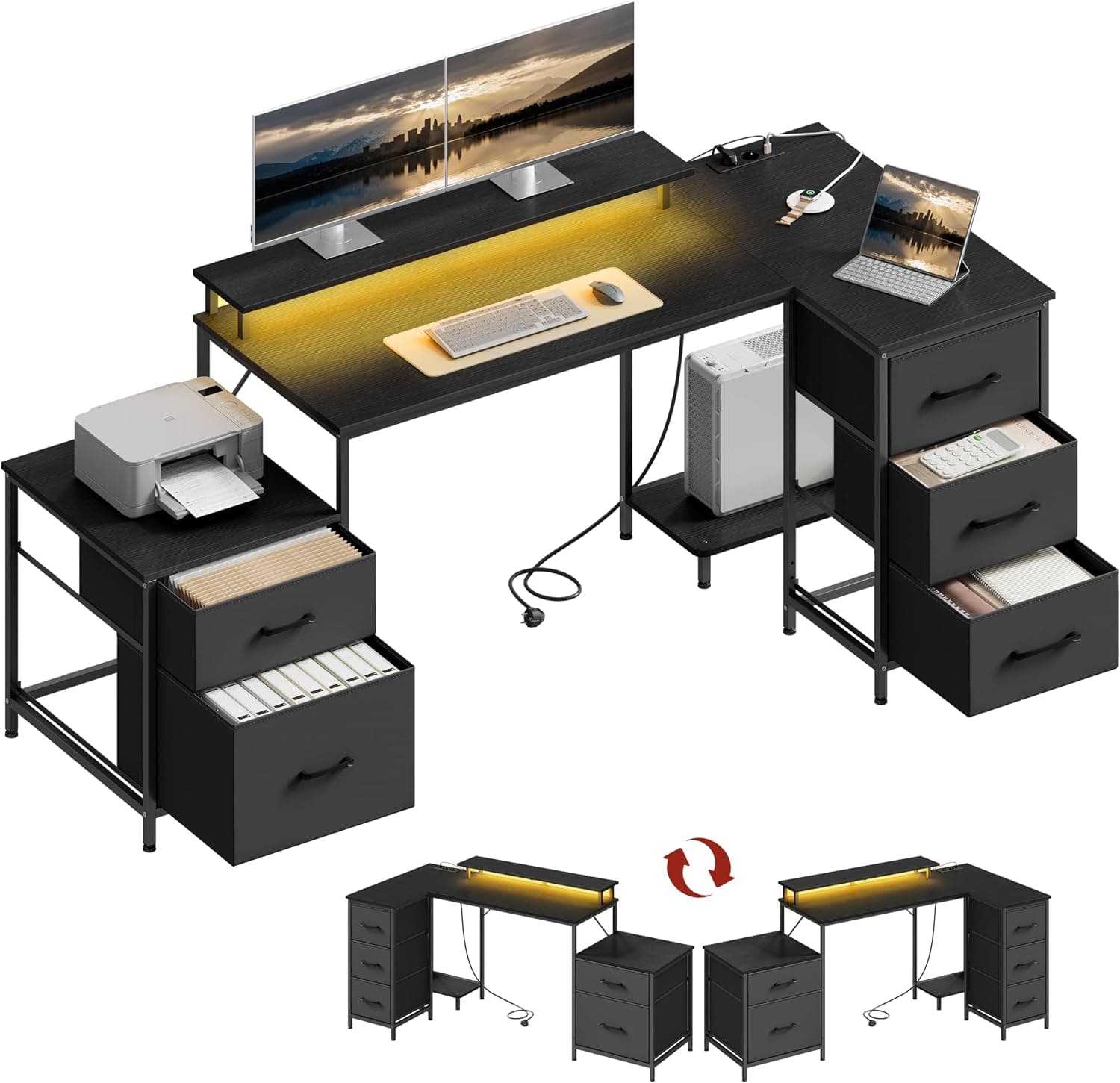 WOLTU Bureau d'angle en L avec Rangement, avec 5 Tiroirs, Noir