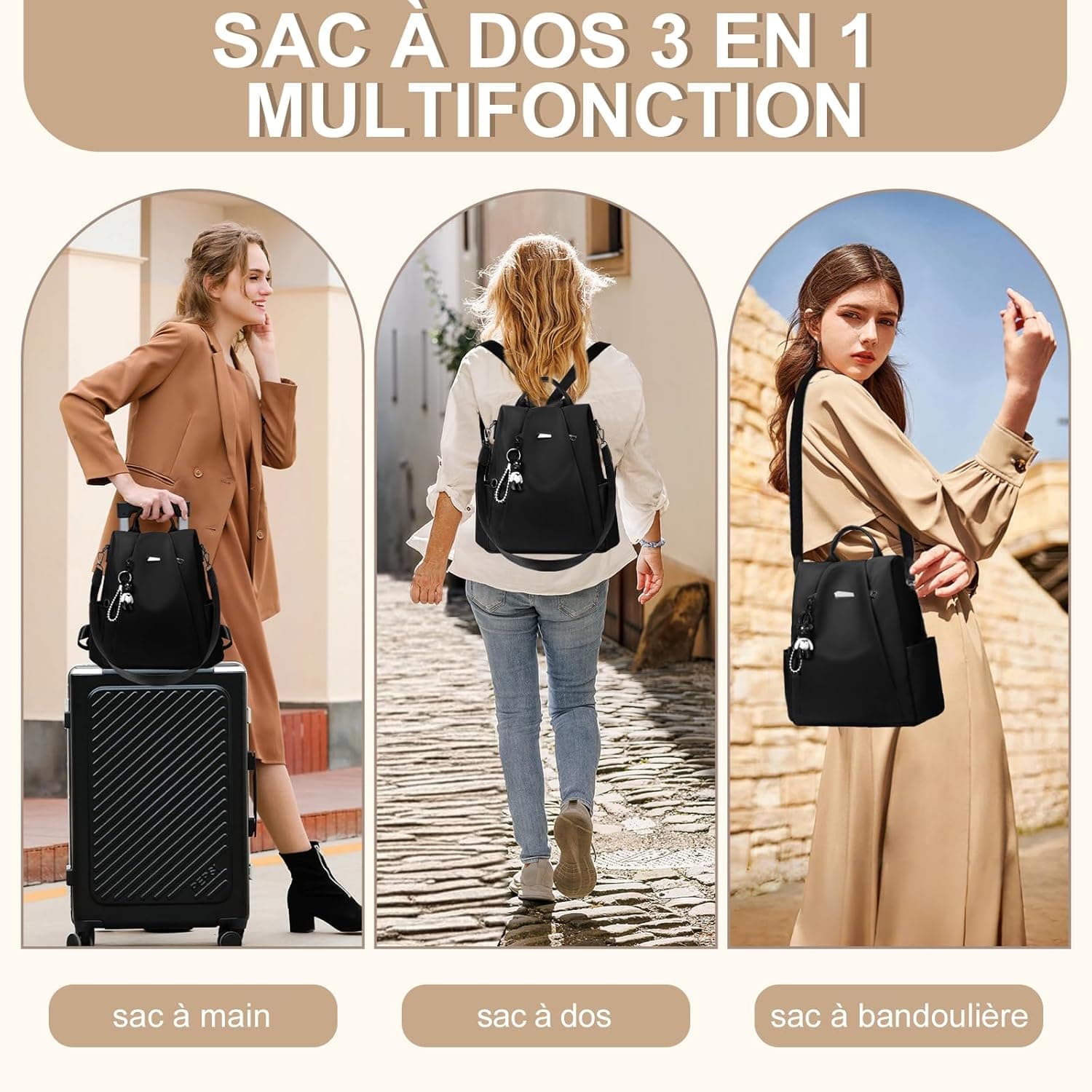 Eshow Sac à Dos Femme Antivol, Sacs à Main Portés Dos Femme, Petit Sac Bandoulière Fort Backpack Loisirs Casual Léger pour Voyage L'école Travail Université Collège Shopping Noir
