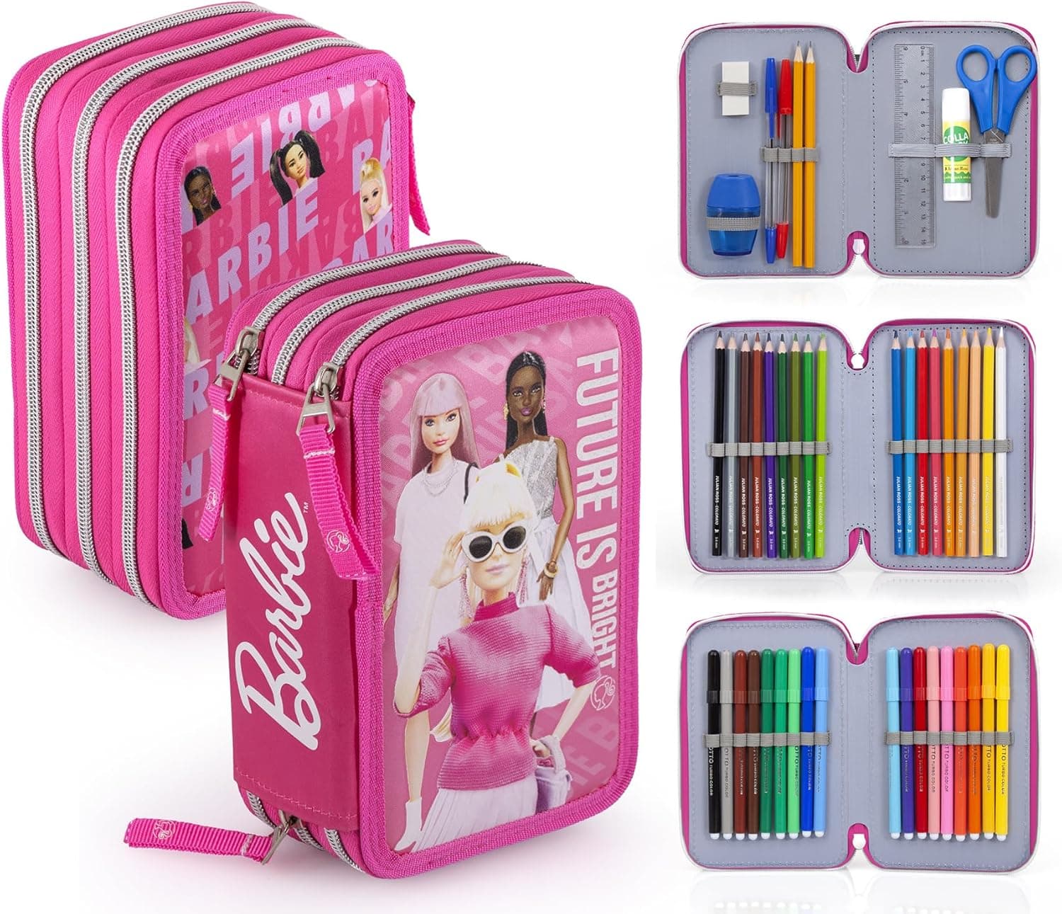 Clondo Trousse Triple Remplie pour Fille, pour Barbie Fans, 45 Accessoires Scolaires, 3 Fermetures Éclair, Compartiments Organisés, Crayons de Couleur, Feutres, Colle, Ciseaux