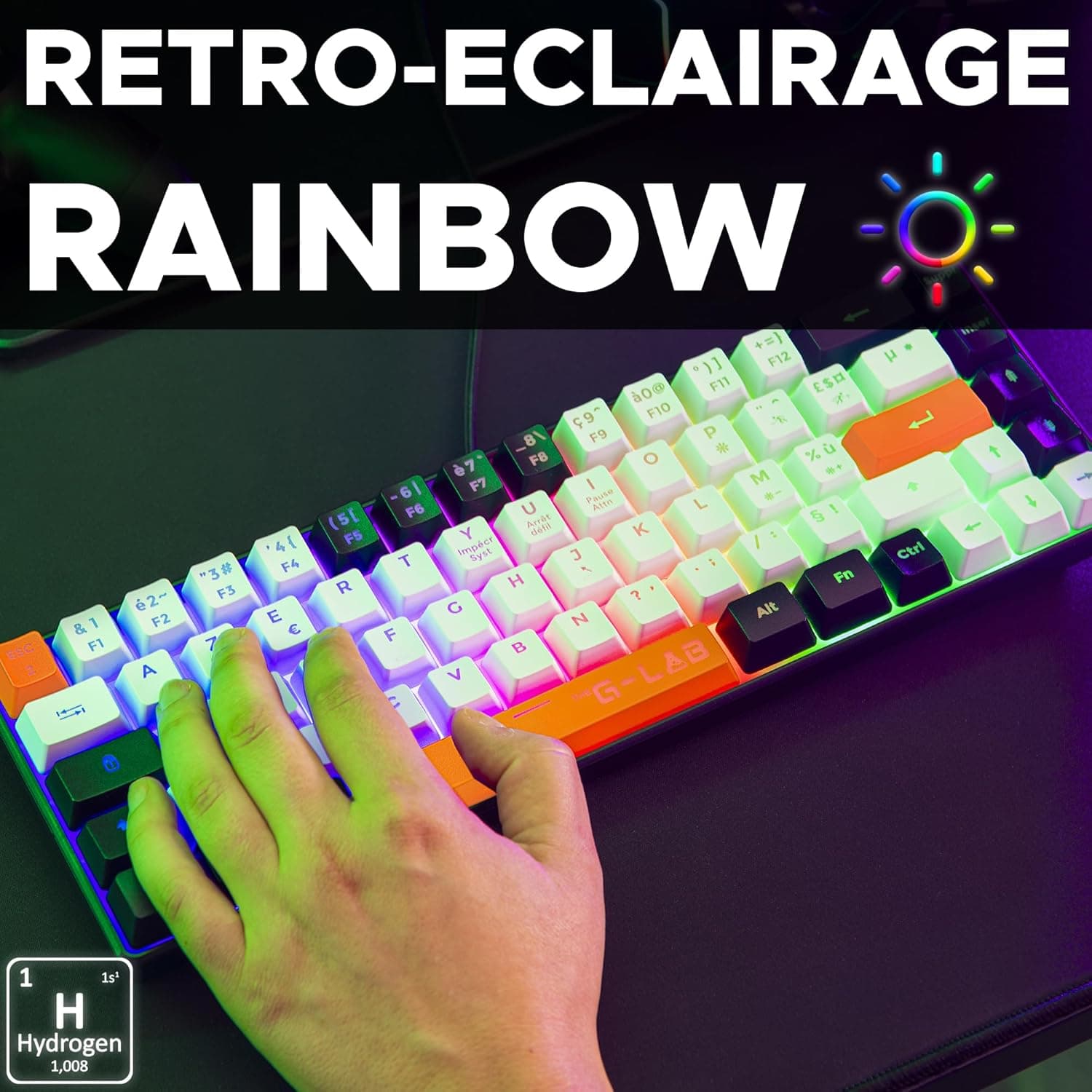 The G-Lab Keyz Hydrogen, Clavier Gamer 60%, Semi-mécanique Filaire Azerty, Rétroéclairage Multicolore- Mini Clavier Gamer Silencieux, Format Compact TKL - PC/PS5 (Noir/Blanc/Orange) | Filaire USB, Format 60% Compact, Semi-mécanique, Rétroéclairage Multicolore, Silencieux, Noir/Blanc/Orange
