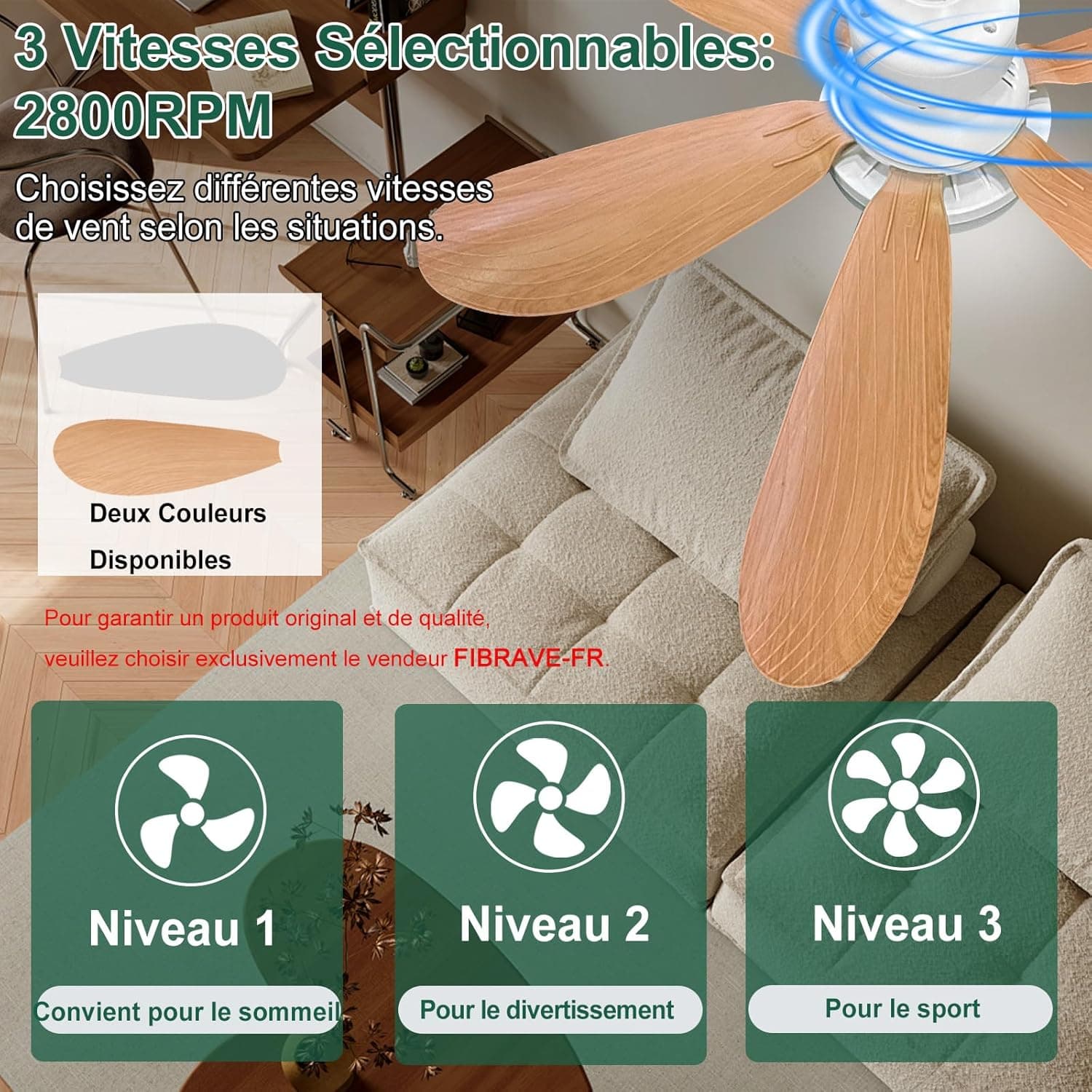 Ventilateur de Plafond avec Lumière et Telecommande, 52CM, Variateur 30W | 1800 Lumen 3000-6500K 3 Couleurs & 3 Vitesses, avec Douille E27, Petit Modèle pour Chambre, Cuisine