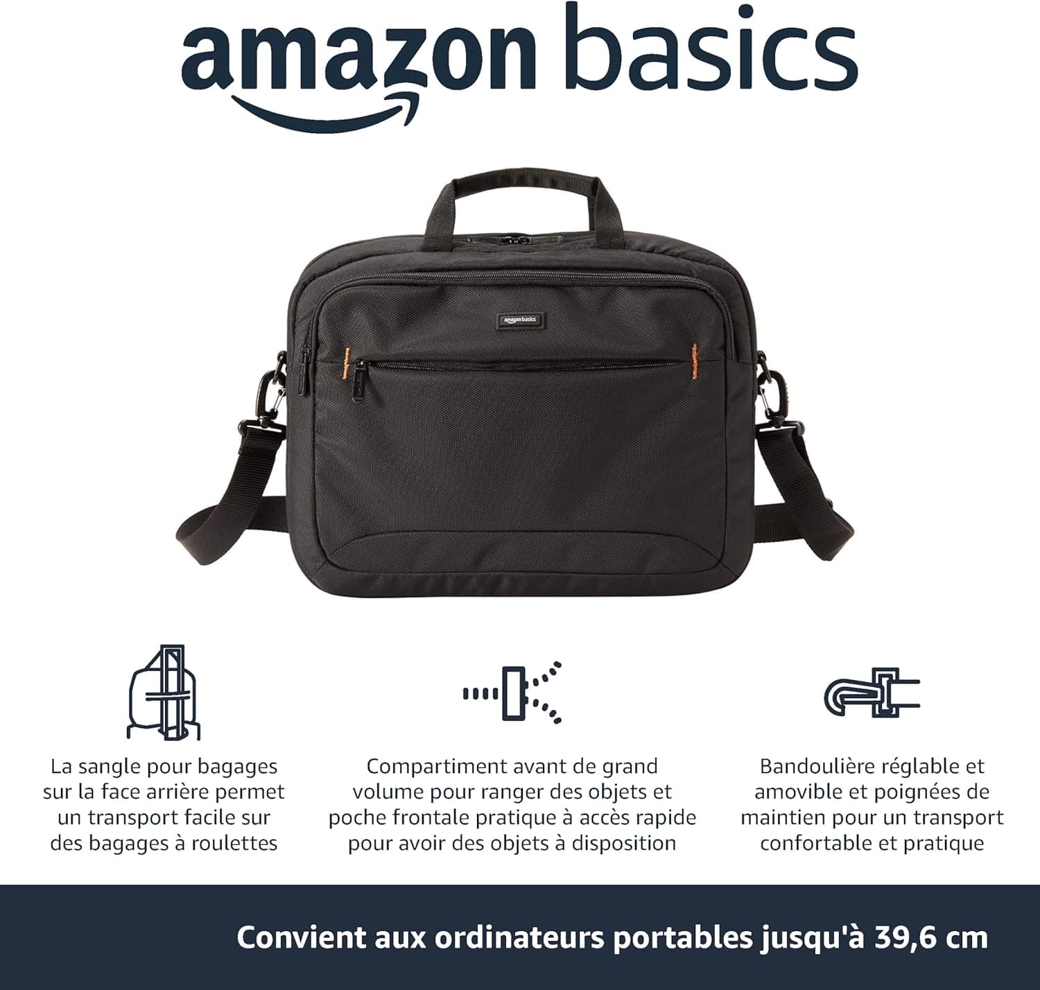 Amazon Basics Sac à bandoulière Compact pour Ordinateur Portable avec Poches de Rangement pour Accessoires (15,6 Pouces - 40 cm) Noir, 1 unité