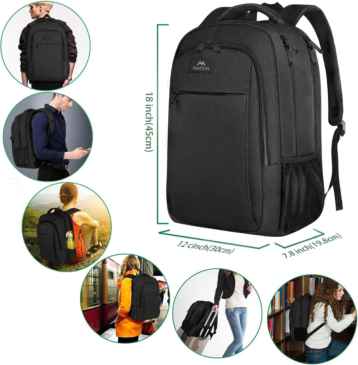 MATEIN Sac à Dos Ordinateur Portable 15.6 Pouces, Sac à Dos PC Portable | Fonctionnel Imperméable Antivol Sac a Dos Travail pour Collège, Affaire, Scolaire, Cadeau
