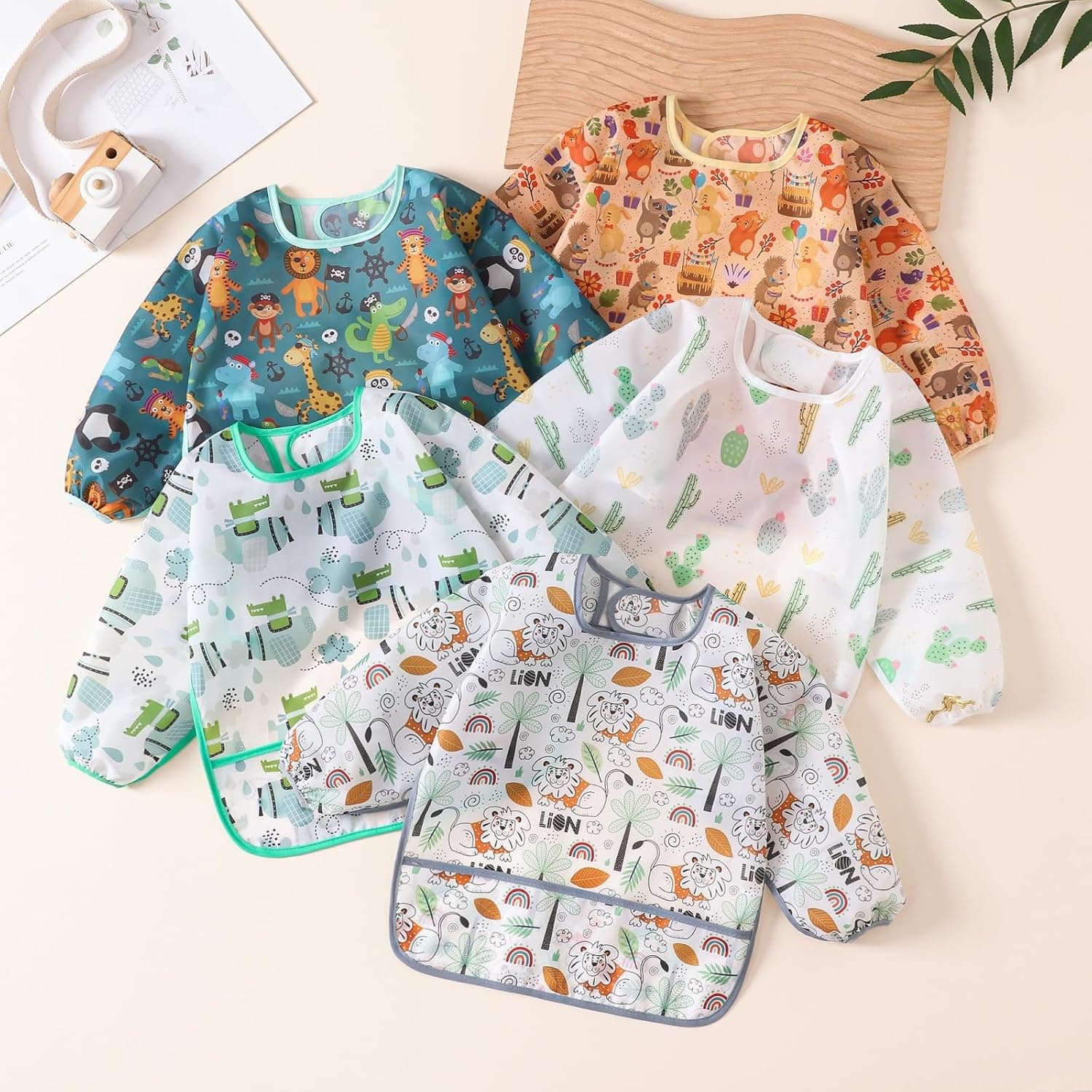 Lot de 5 Etanche Bavoir à Manches Longue pour Bébé alimentation Imperméable Blouse Tablier 3 a 24 Mois