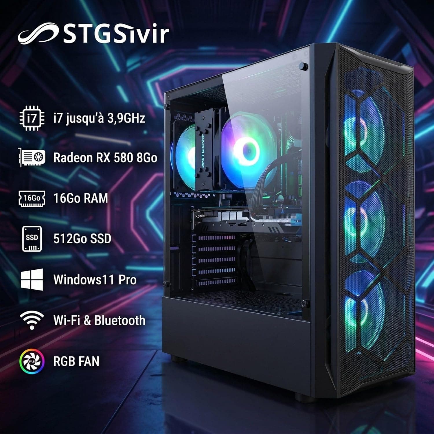 STGsivir PC Gamer Fixe, Core i7,RX 580 8G, 16G RAM, 512G SSD