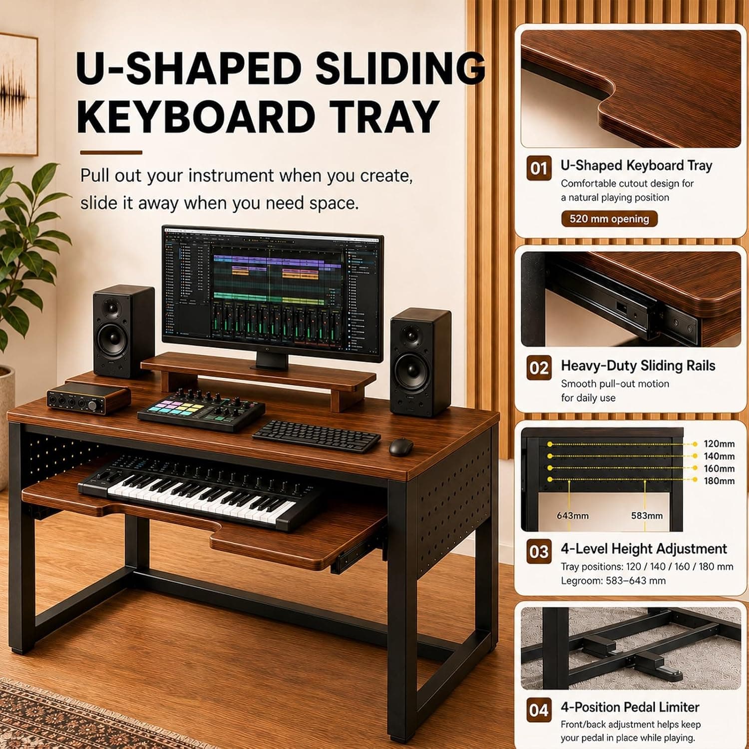 Bureau Studio Musique avec Plateau Coulissant pour Clavier, 61/88 Touches MIDI et Piano numérique, Bureau avec Rangement(61 Touches(120 * 60cm))