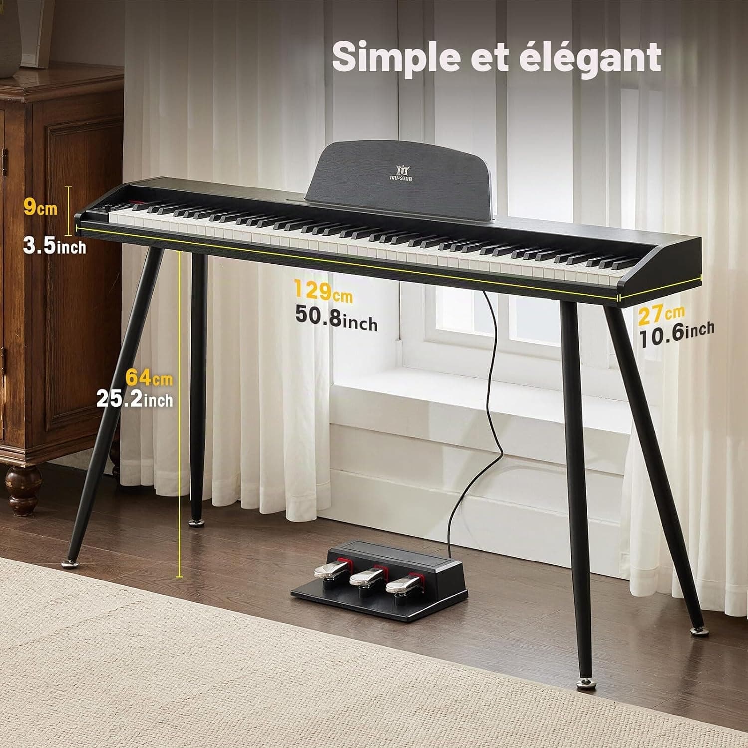 MUSTAR Piano numérique 88 touches pour débutants, clavier piano taille complète avec 3 unités de pédale, piano électrique portable, piano numérique pour la maison avec MIDI-USB et support, Noir