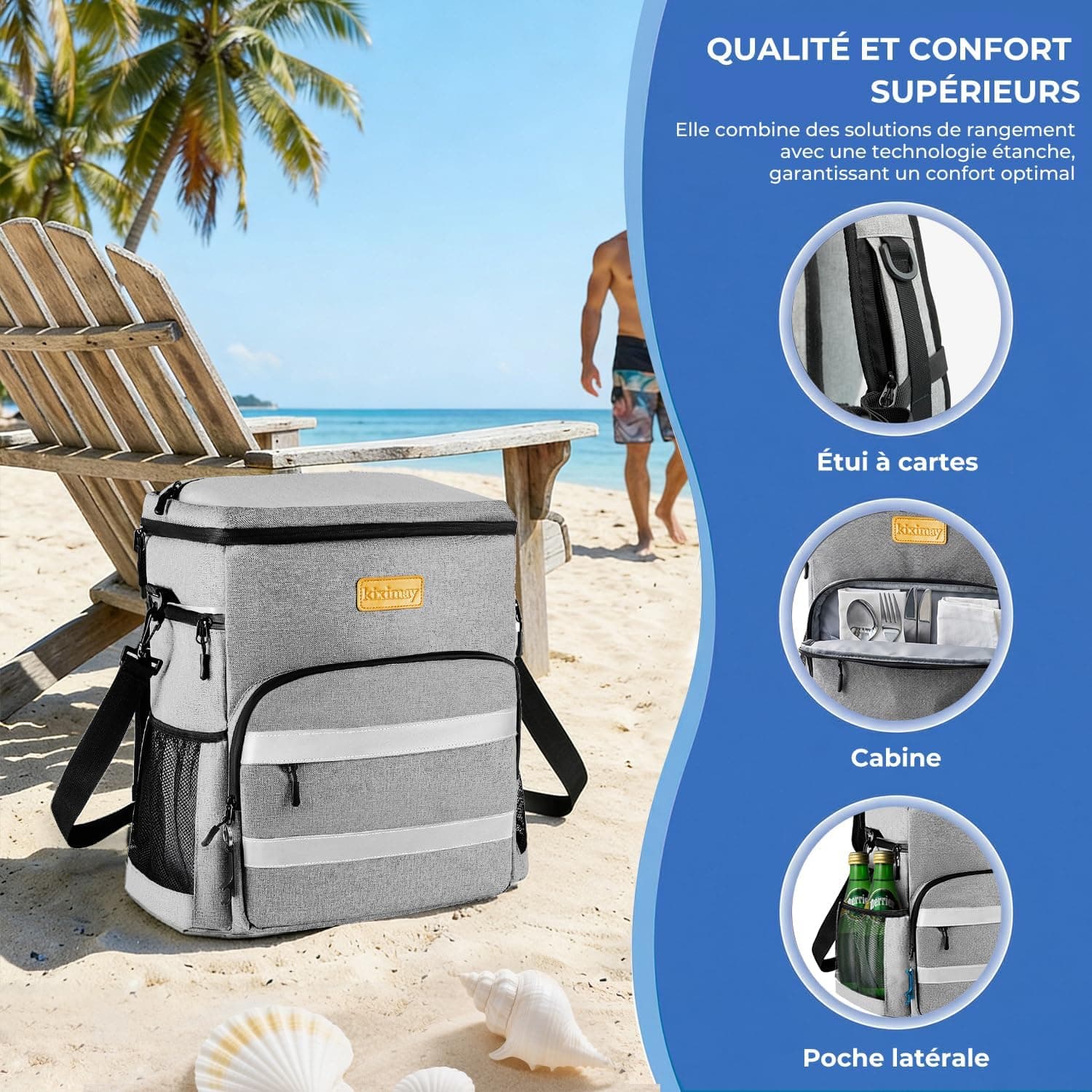 Sac à Dos Isotherme 30L Pliable - Grand Capacité, Maintient au Frais 24H, Léger et Imperméable pour Pique-Nique, Plage, Voyage, Pêche, Barbecue, Gris