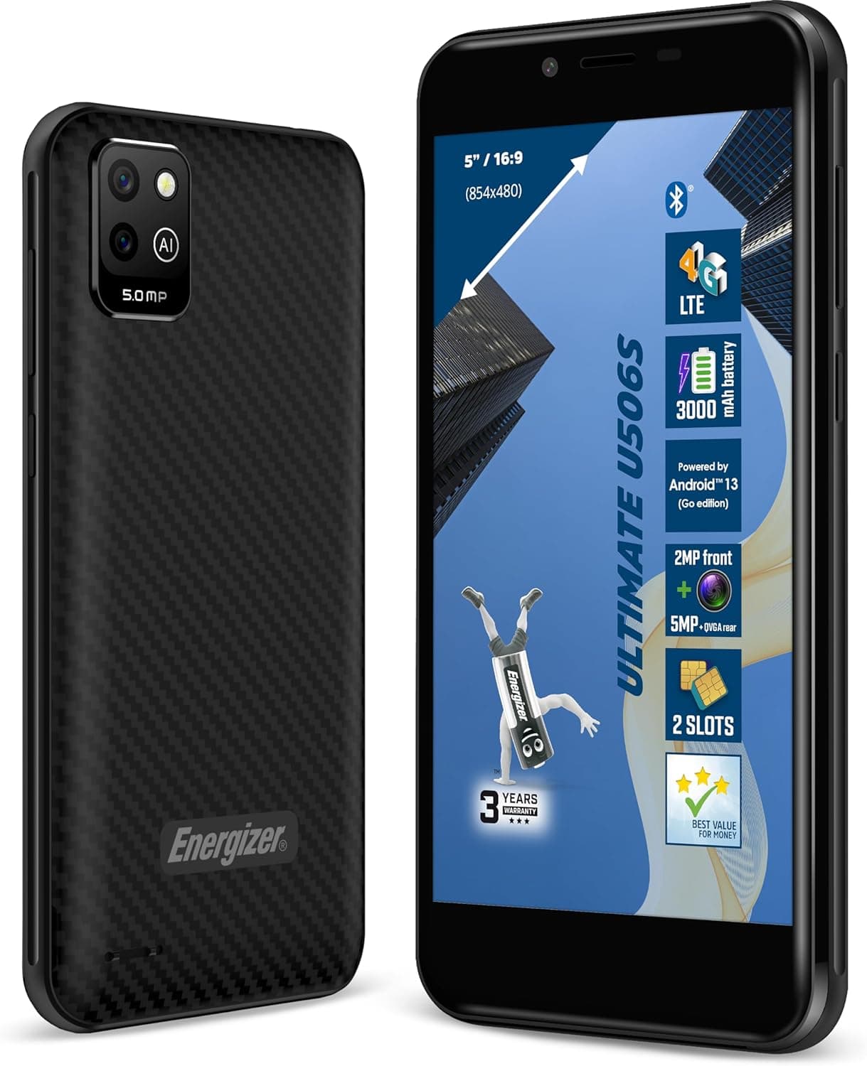 Energizer - Smartphone U506S - Pas Cher Débloqué 2GB RAM / 32GB ROM - Ecran 5" - 3000 mah Batterie - Caméra 5MP+QVGA arrière / 2MP Avant - Android 13 GO - Noir - Double SIM