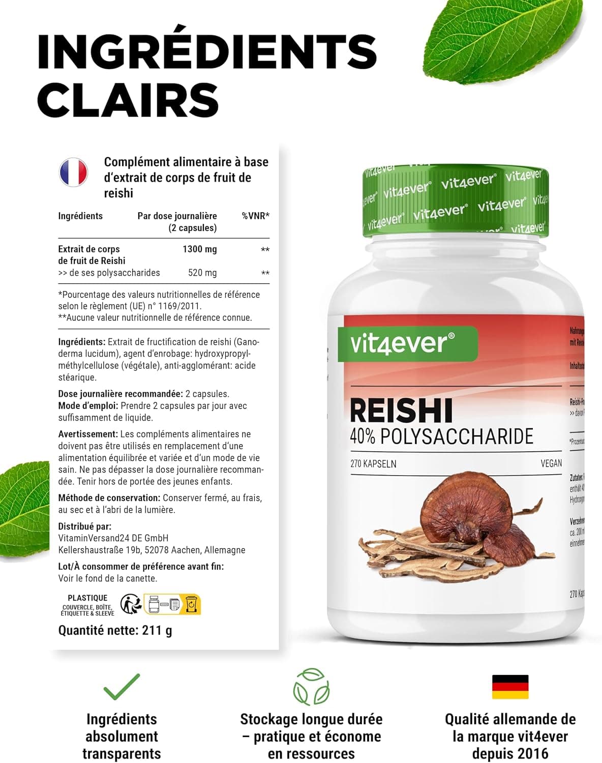 vit4ever Champignon Reishi - 270 Gélules - 1300 mg d’Extrait par jour