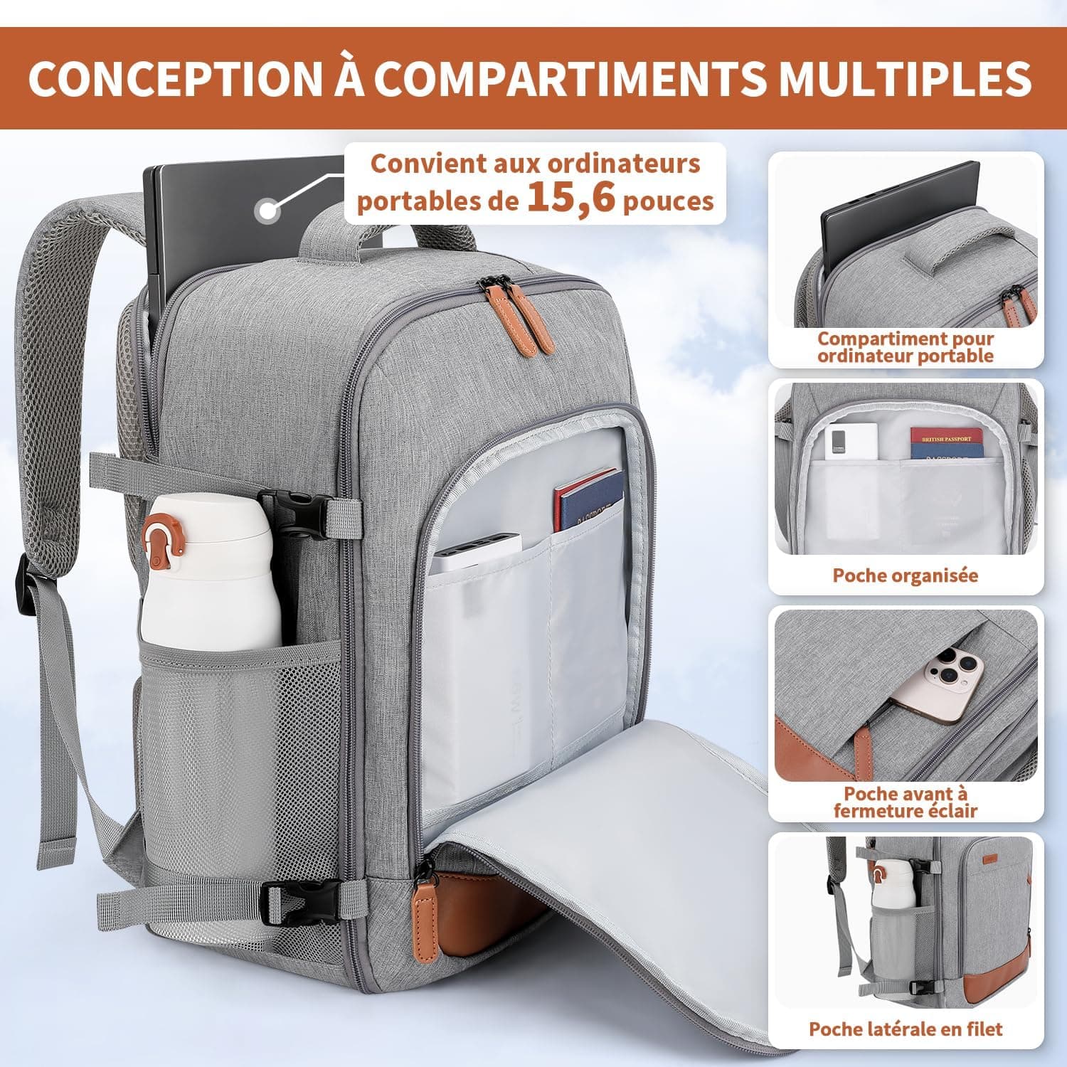 ZOMFELT Sac a Dos 40x30x20, 24L Sac a Dos Voyage Cabine Avion Hommes Femmes | sac cabine avion 40x30x20 pour Ryanair Wizzair Eurowings, Sac à Dos Adapté aux Ordinateurs Portables de 15,6 Pouces, Gris