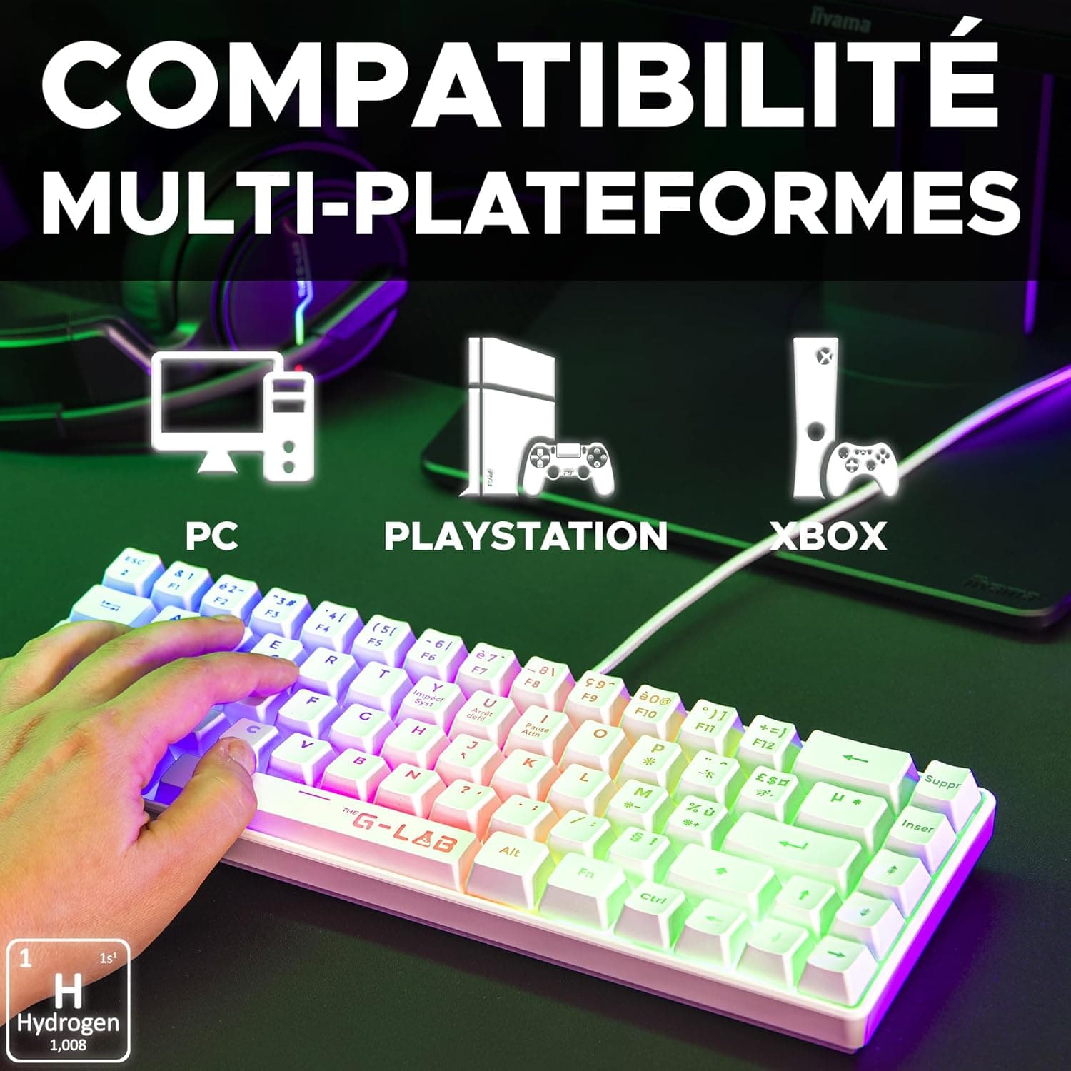 The G-Lab Keyz Hydrogen, Clavier Gamer 60%, Semi-mécanique Filaire Azerty, Rétroéclairage Multicolore- Mini Clavier Gamer Silencieux, Format Compact TKL - PC/PS5 (Blanc) | Filaire USB, Format 60% Compact, Semi-mécanique, Rétroéclairage Multicolore, Silencieux, Blanc, Compatible PC/PS5