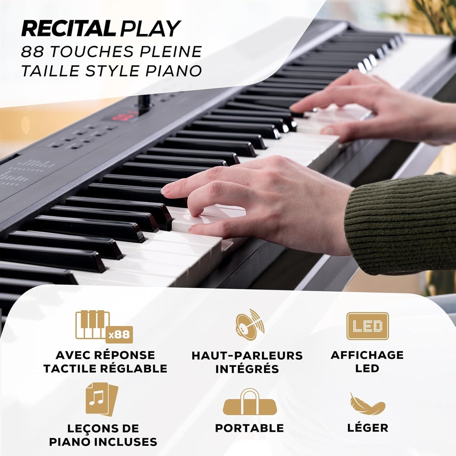 Alesis Recital Play Clavier Piano 88 Touches | Portable, 480 Sons, Modes Split/Layer, Cours Inclus, pour Débutants