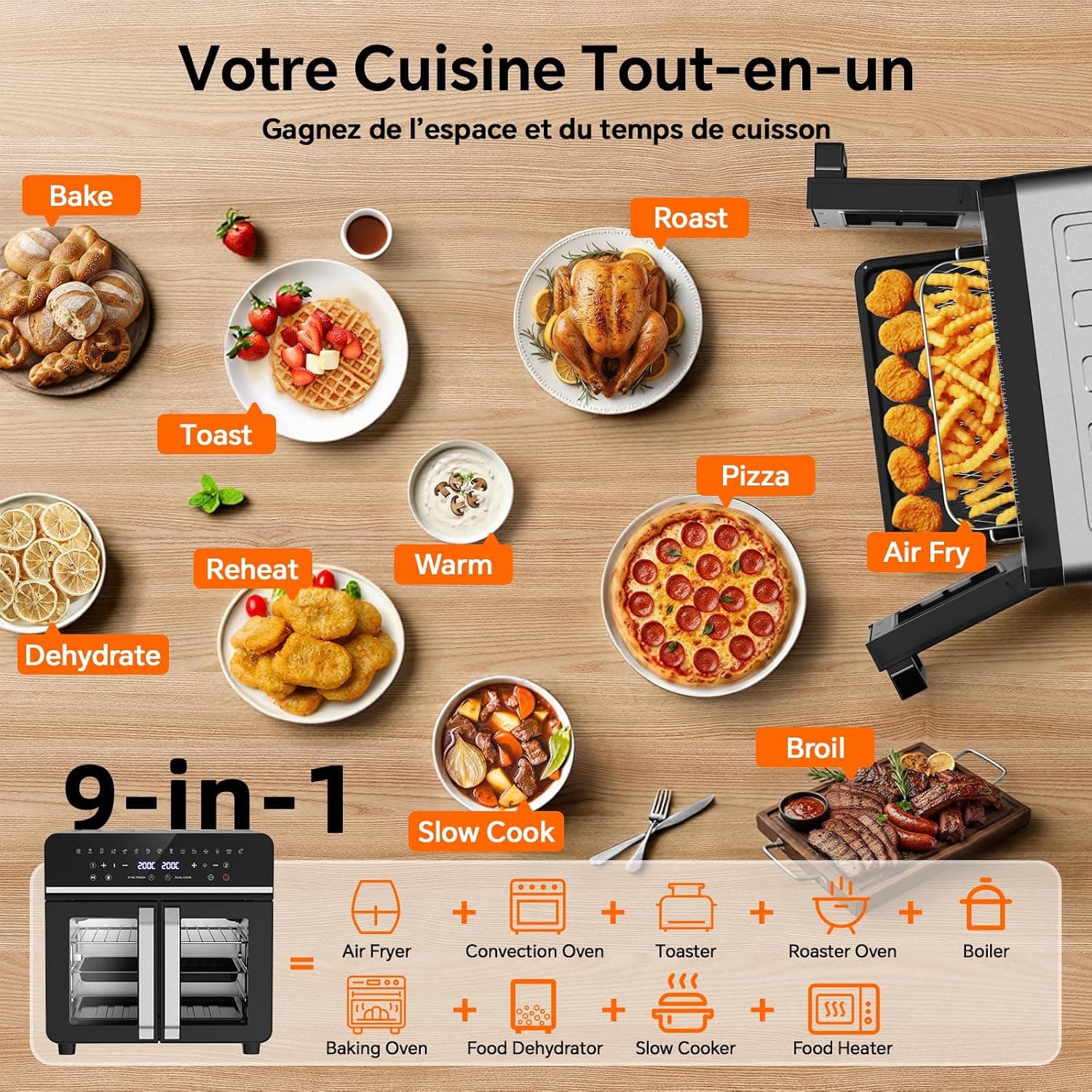 23L Friteuse à Air Chaud Familles, Mini Four Cuisson Une Deux Zone,Temp Sép