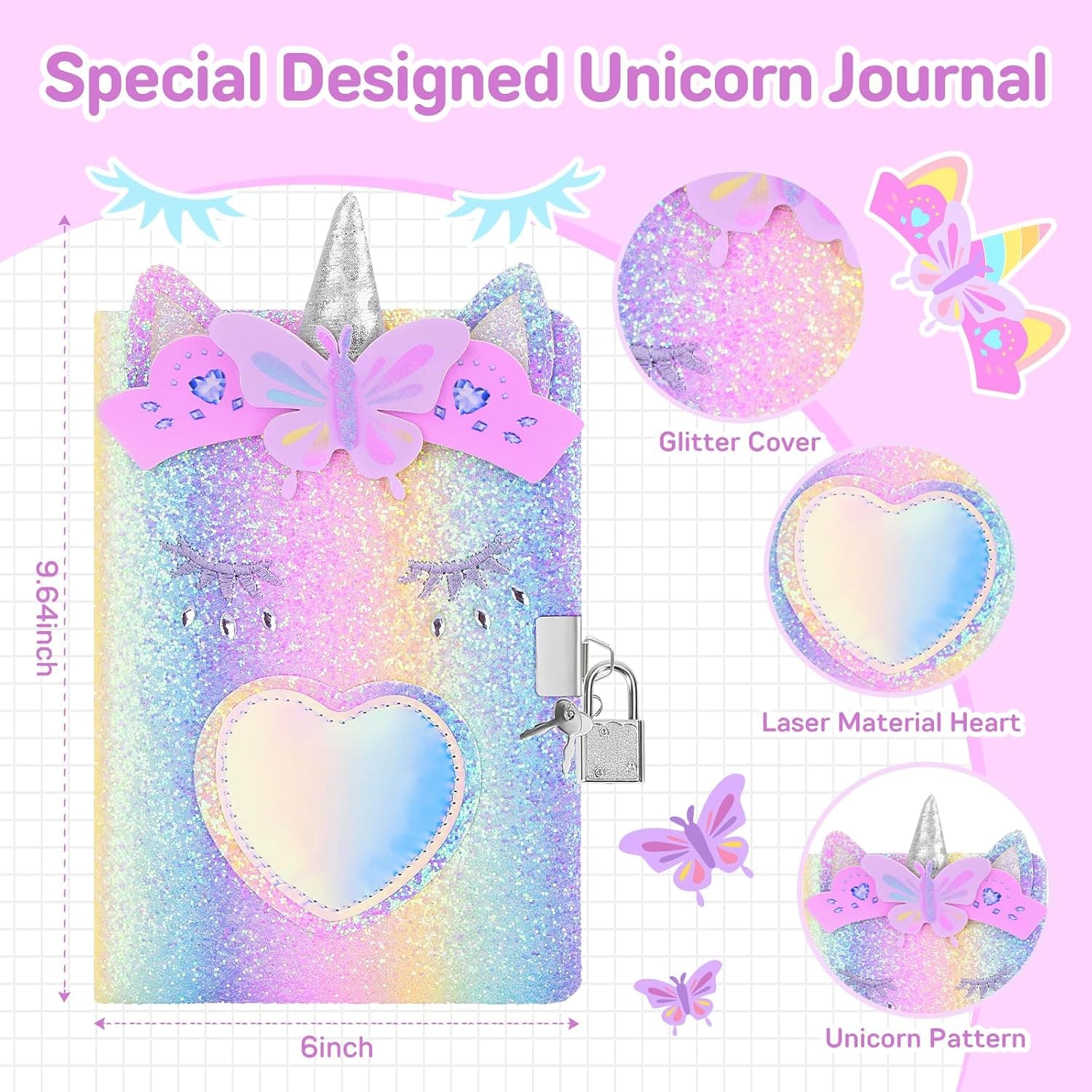 homicozy Journal secret fille, Journal licorne avec serrure pour les filles de 7-14 ans, carnet secret fille avec porte - monnaie en peluche, livre secret fille cadeau d'anniversaire Licorne