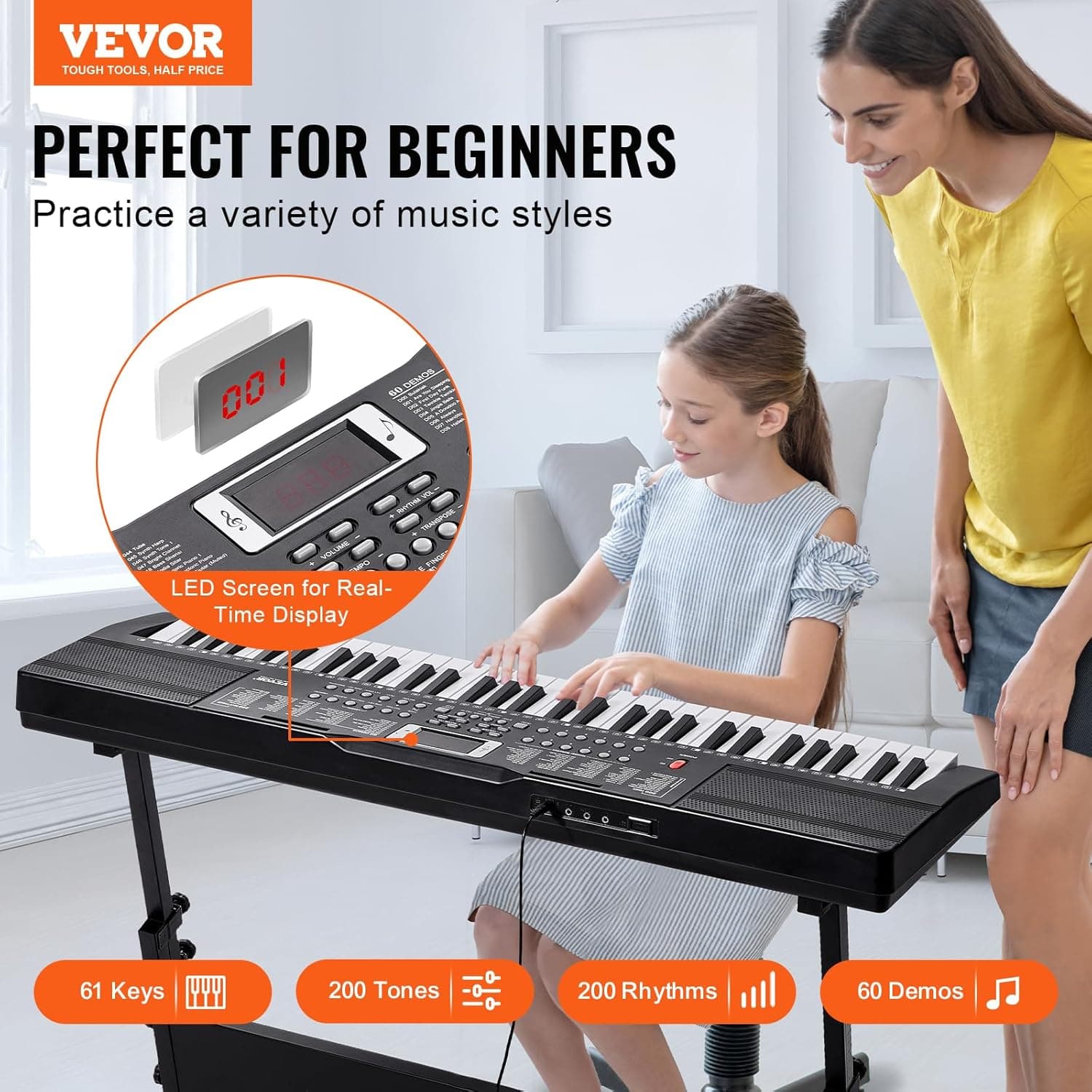 VEVOR Clavier Piano Numérique, 61 Touches, Ensemble Piano à Clavier Électrique Portable, 200 Tons, 200 Rythmes, 60 Chansons de Démonstration, Haut-parleurs Intégrés, Casque, Microphone, pour Débutants