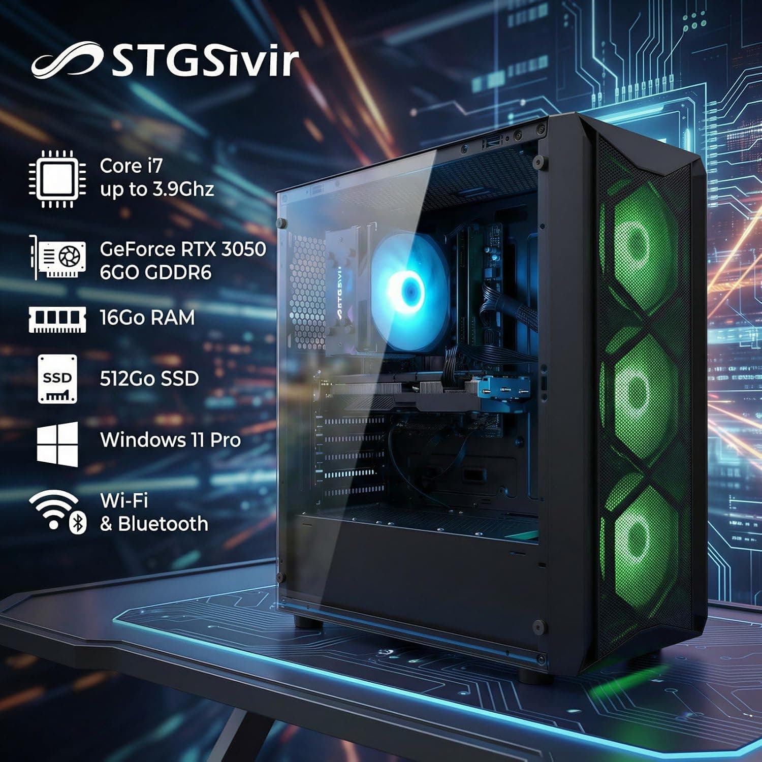 STGsivir PC Gamer Fixe, Core i7, RTX 3050 6G, 16G RAM, 512G SSD