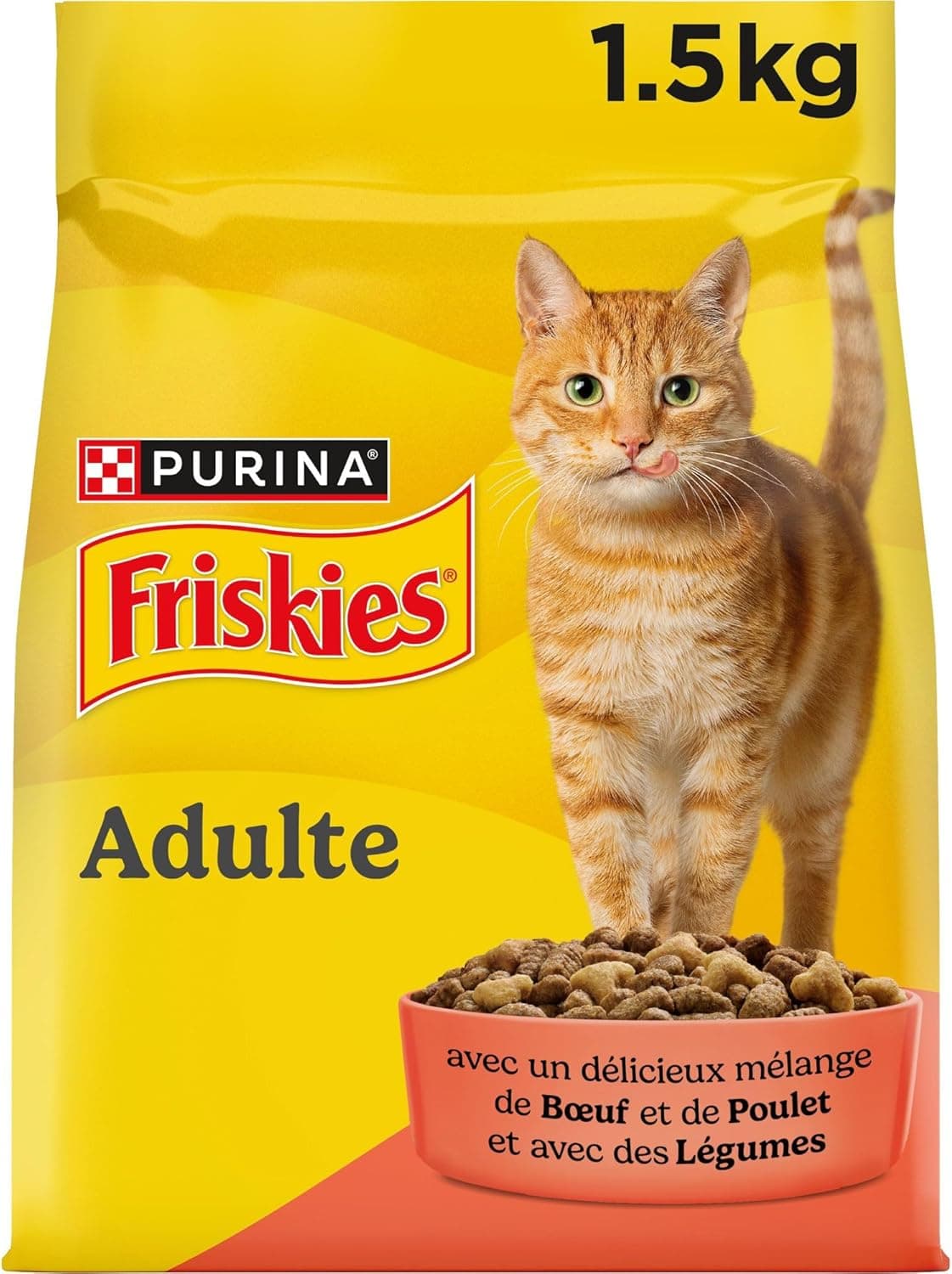 FRISKIES - Croquettes Chat Adulte Bœuf Poulet Légumes - Sac de 1,5 kg | Croquettes Chat Adulte Saveur Bœuf, Poulet, Légumes - Digestion saine, renforce les os et les dents - Santé Chat